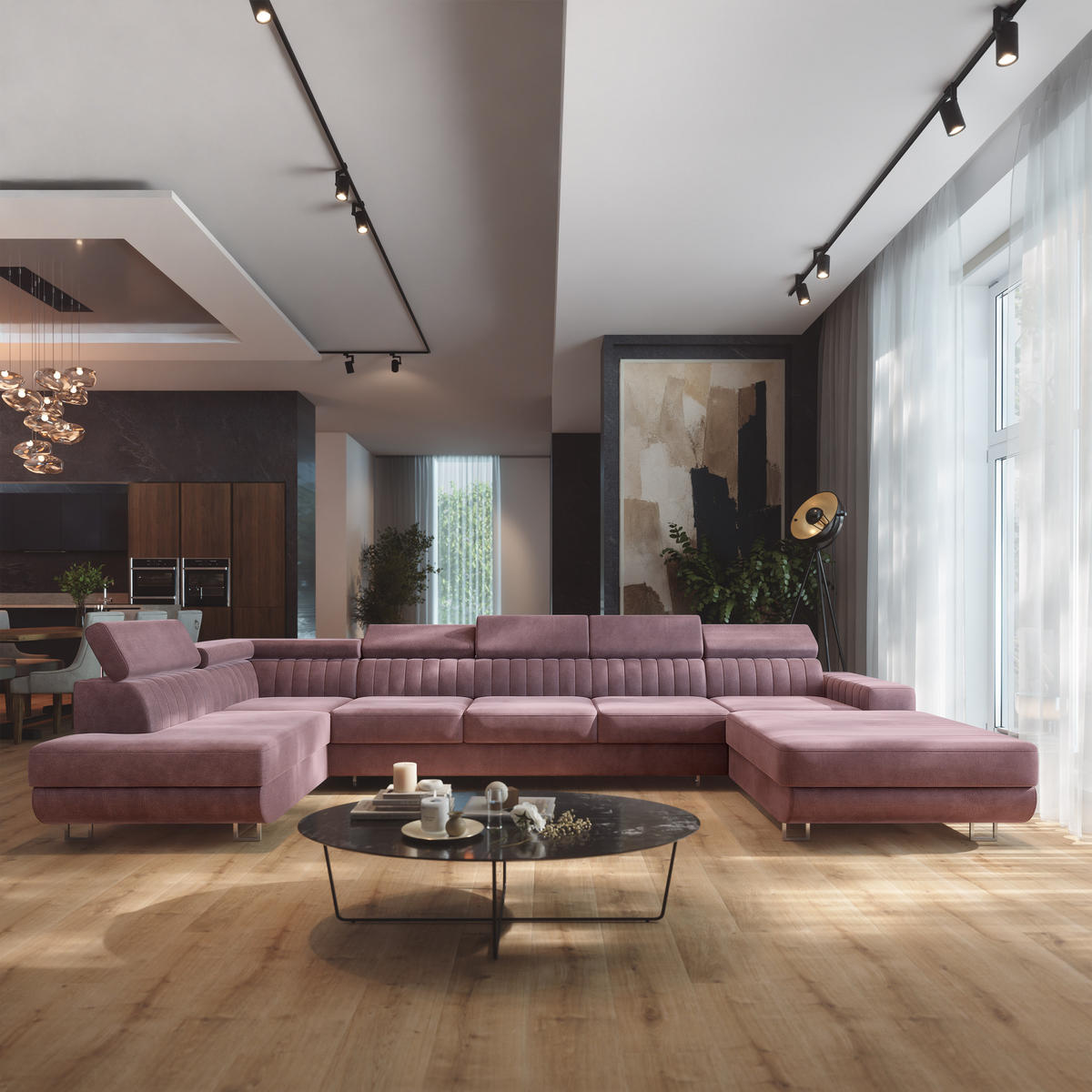 WOHNLANDSCHAFT GAIAN Lila Velours-Stoff mit Schlaffunktion - Lila, Holz (412/88/190cm) - MASSENO