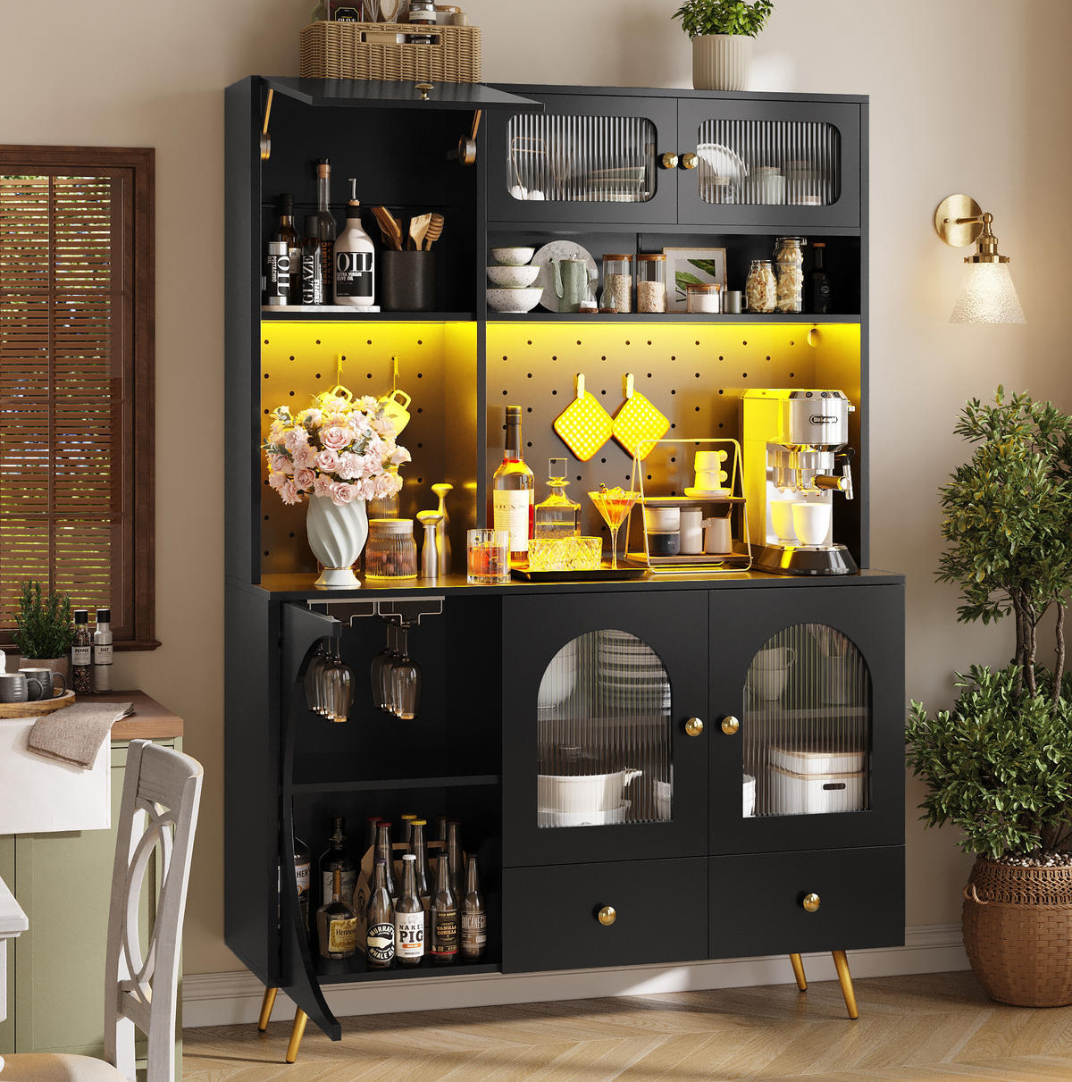 ANRICHTE Küchenschrank 120/40/176 cm aus MDF und Glas mit LED-Beleuchtung und Steckdosenleiste Schwarz - Schwarz, Holzwerkstoff (120/176/40cm) - Modenvie