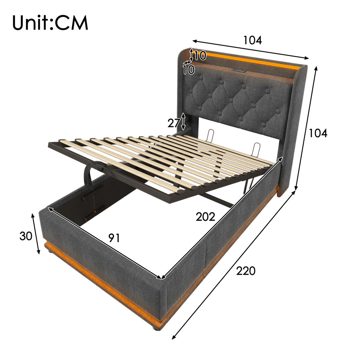 ČALÚNENÁ posteľ, 90/200 cm, sivá, ľanový vzhľad, LED, USB-C, úložný priestor, s matracom - sivá, textil (90/200cm) - BEAOK