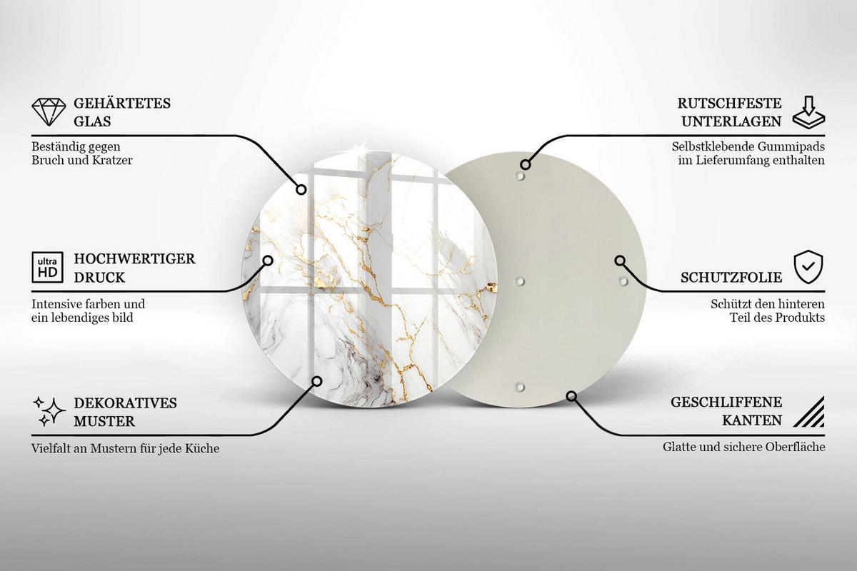 GLASPLATTE Ø 40 cm Heller Marmor mit Goldakzenten - Magnolie, Glas (40/40cm) - Wallfluent
