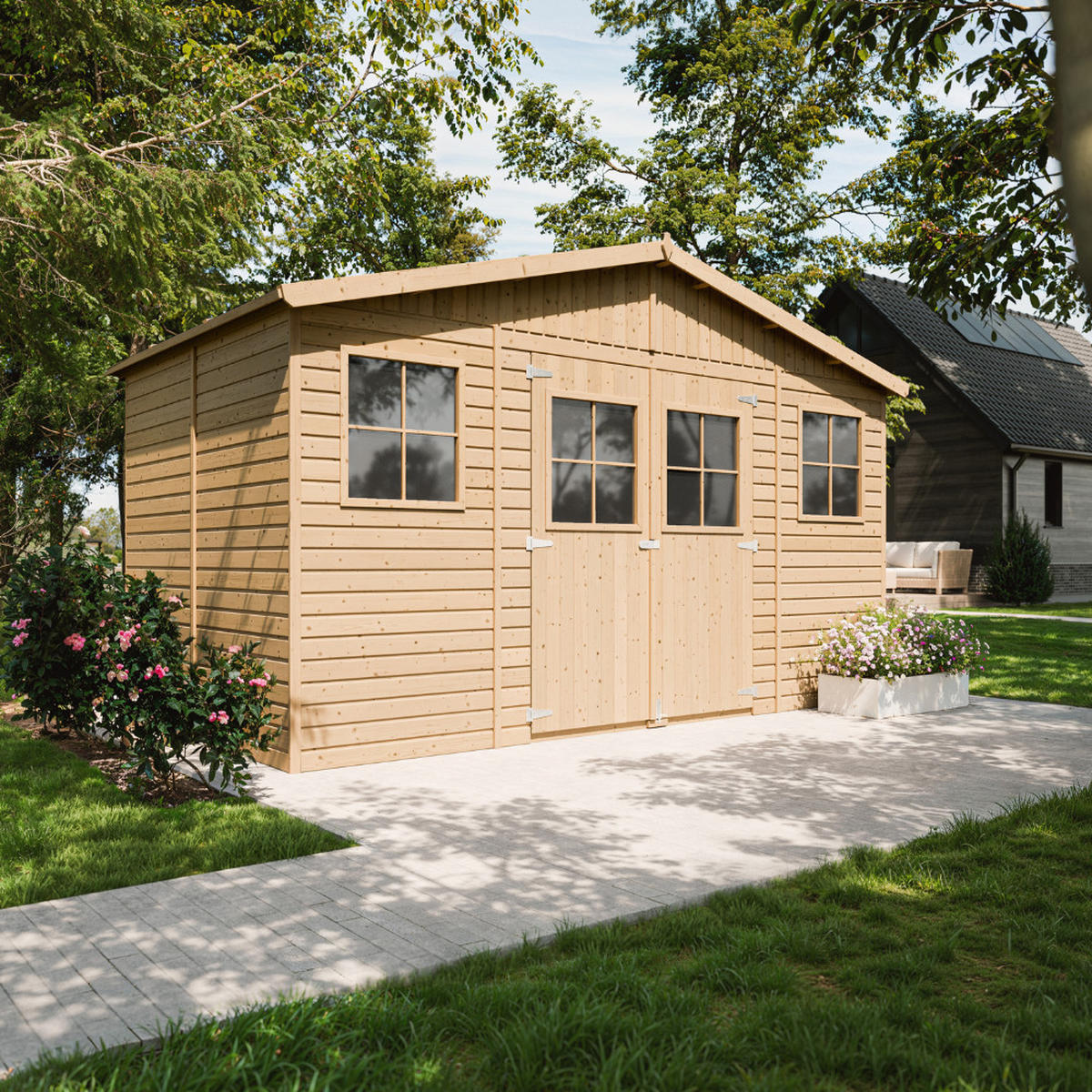 HOLZ-GARTENHAUS - H246 x 418 x 220 cm/ 8 m² - M332 - Beige, Holz (418/246/199cm) - Timbela