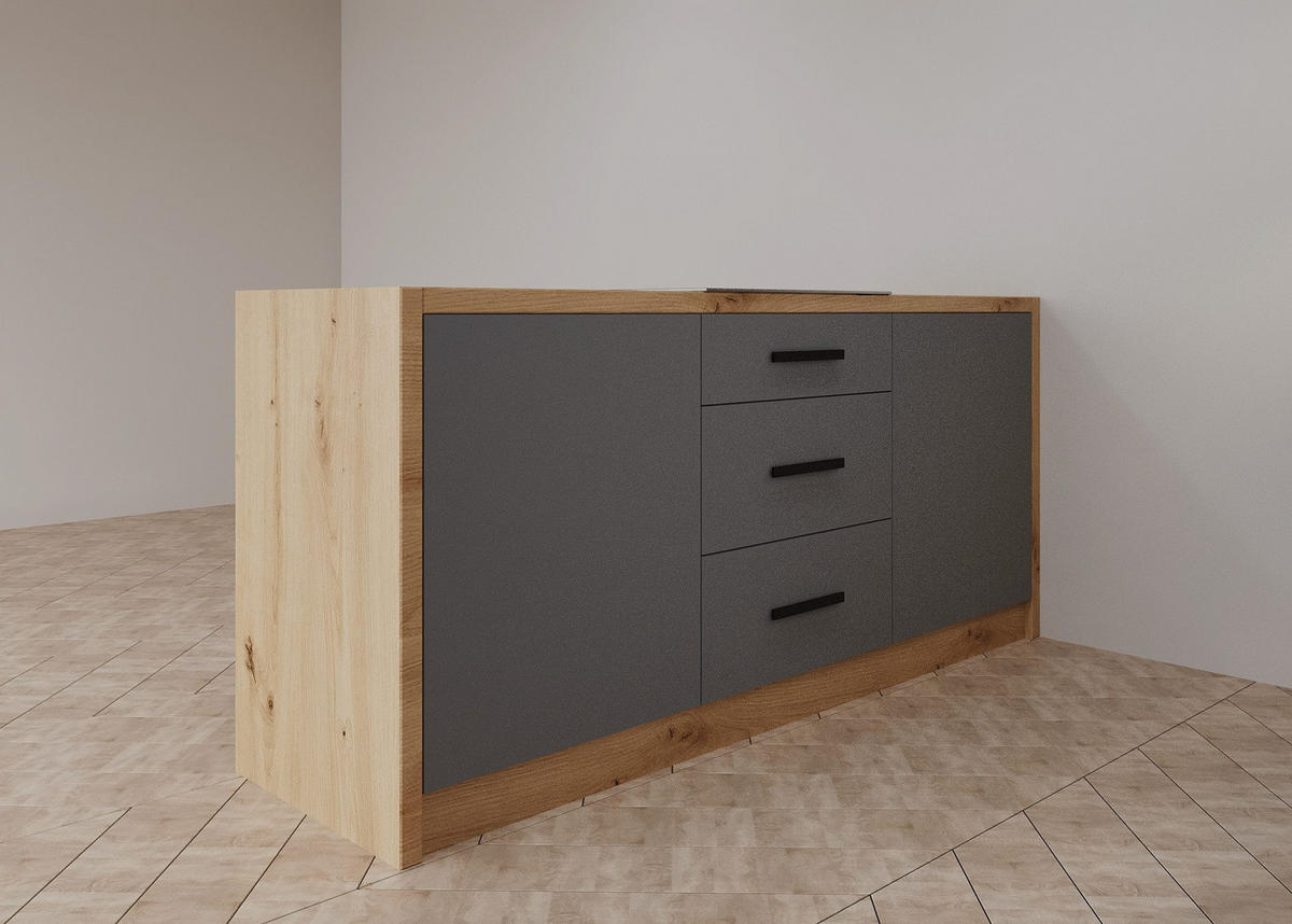 INSELKÜCHE Nexa Beige – 360 cm + Insel 180 cm – K104-G360 - Beige/Schwarz, Holzwerkstoff/Metall (360/210/60cm) - ROYAL24_MARKT