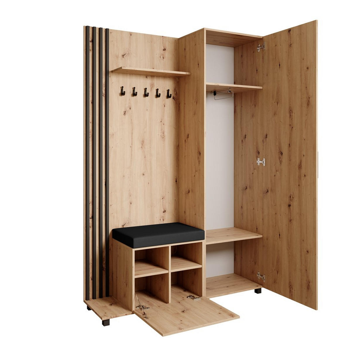 GARDEROBENSCHRANK Livia mit Aufhängern und Spiegel, eiche Artisan, links - Schwarz/Eiche Artisan, Holzwerkstoff (137/207/42cm) - Beautysofa