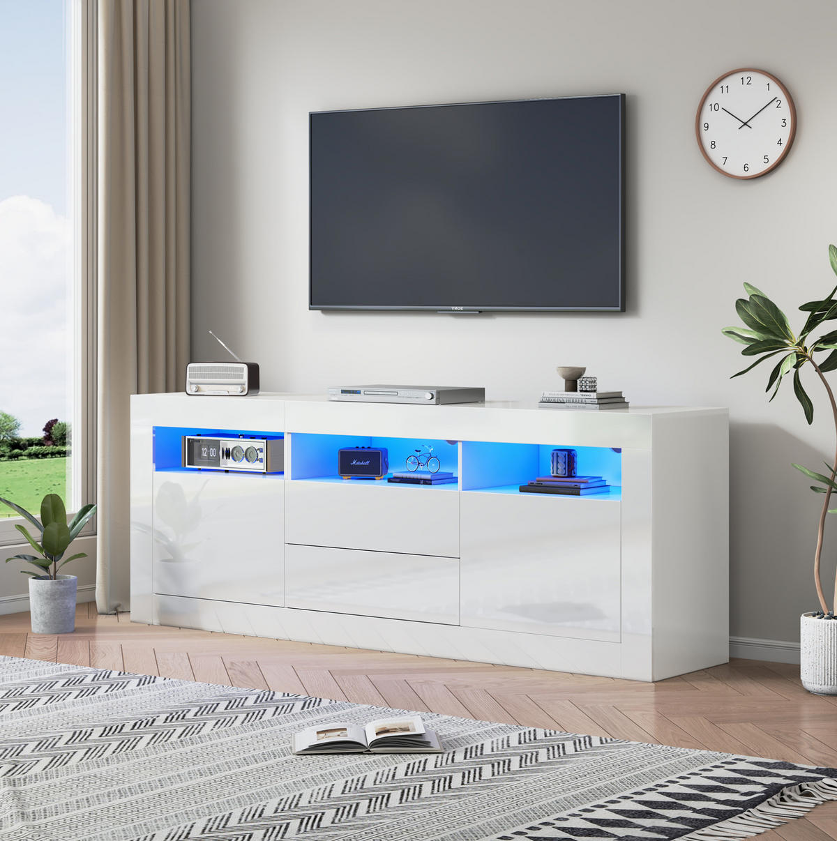 TV-LOWBOARD aus Spanplatte 160x35x60 cm Weiß mit LED-Beleuchtung, Stauraum und App-Steuerung - Weiß, Holzwerkstoff (160/60/35cm) - IVMEU