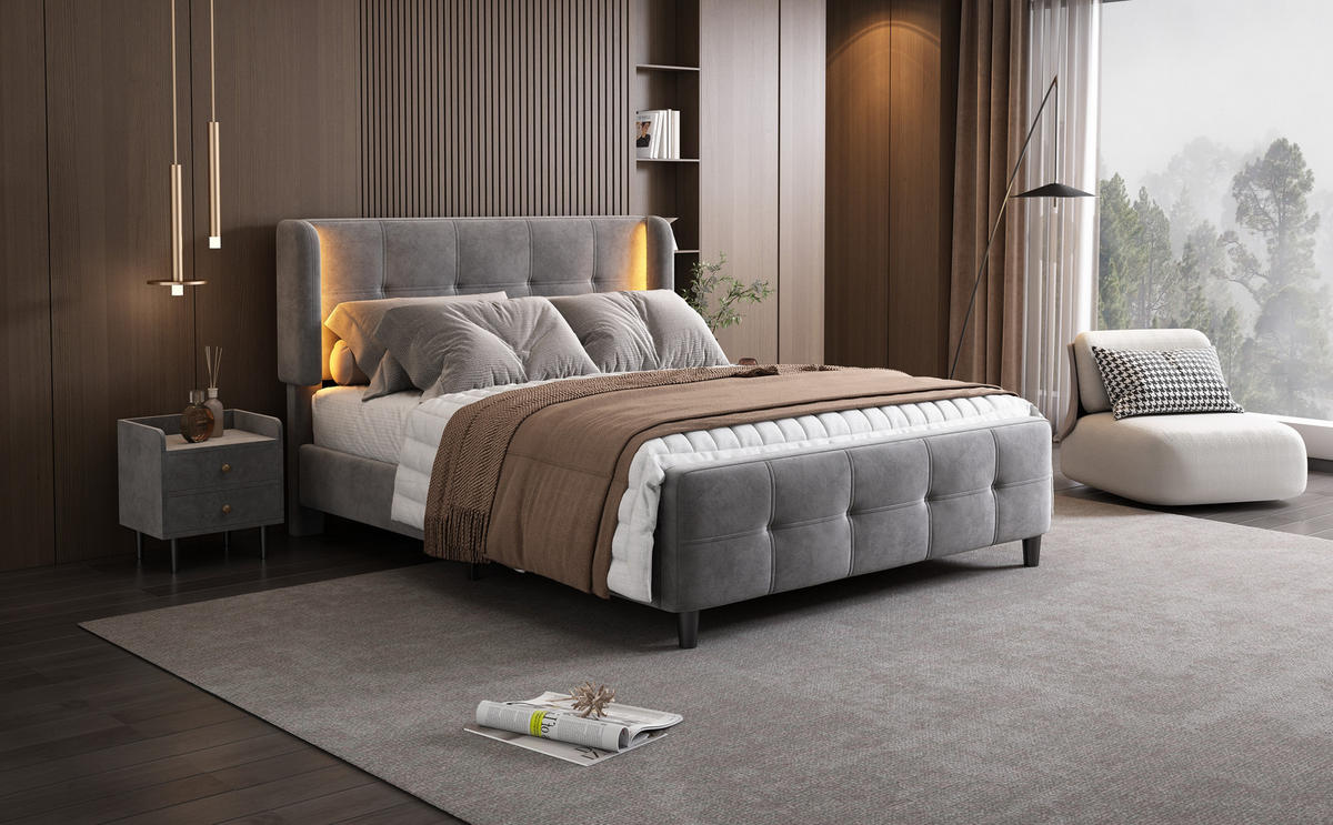 POLSTERBETT 140x200 cm LED Samt grau - Grau, Textil (140/200cm) - LEBENLANG
