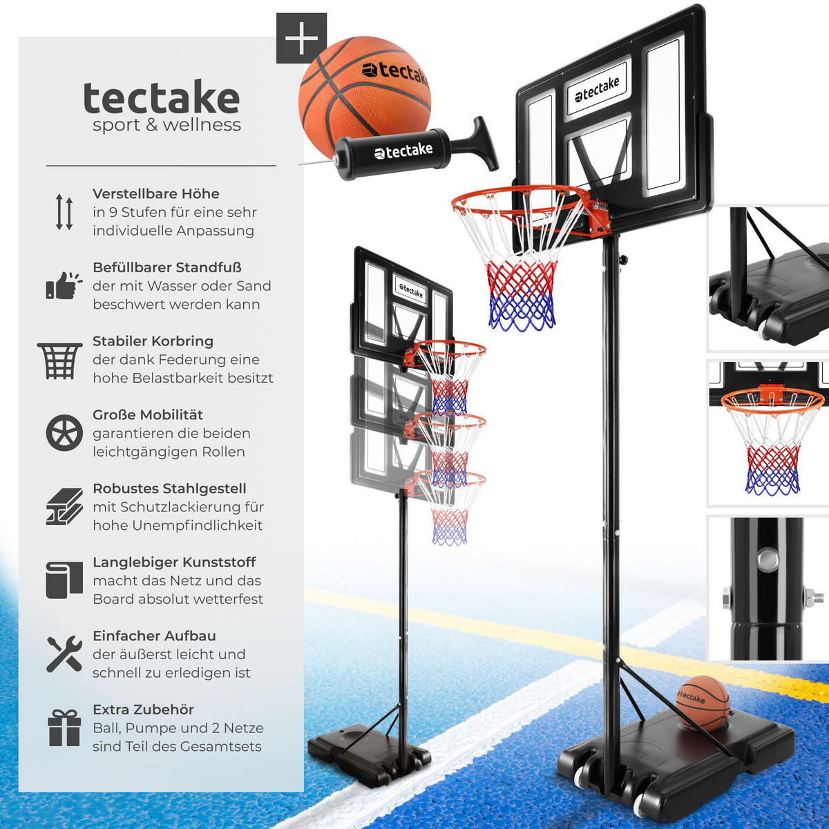 BASKETBALLKORB Dirk, mit Rollen, inklusive Ball, Pumpe und 2 Netze, schwarz - Schwarz, Textil (111/150cm) - tectake