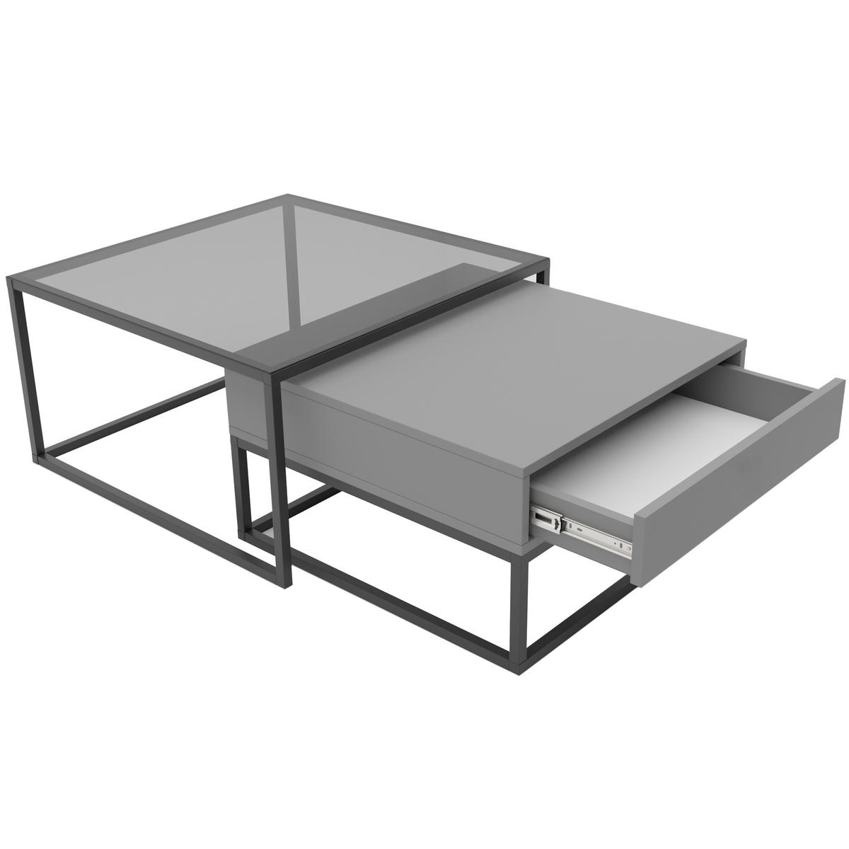 COUCHTISCH quadratisch Grau, MDF/Glas Tischplatte, Rahmen Schwarz - Schwarz/Grau, Holzwerkstoff (70/70/42cm) - Idohome