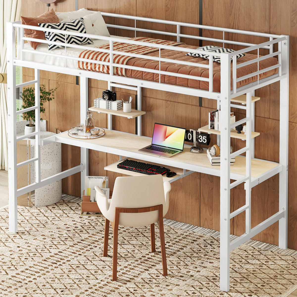 HOCHBETT 204/95/180 cm aus Metall mit Schreibtisch und Regalen Weiß - Weiß, Metall (90/200cm) - Modenvie