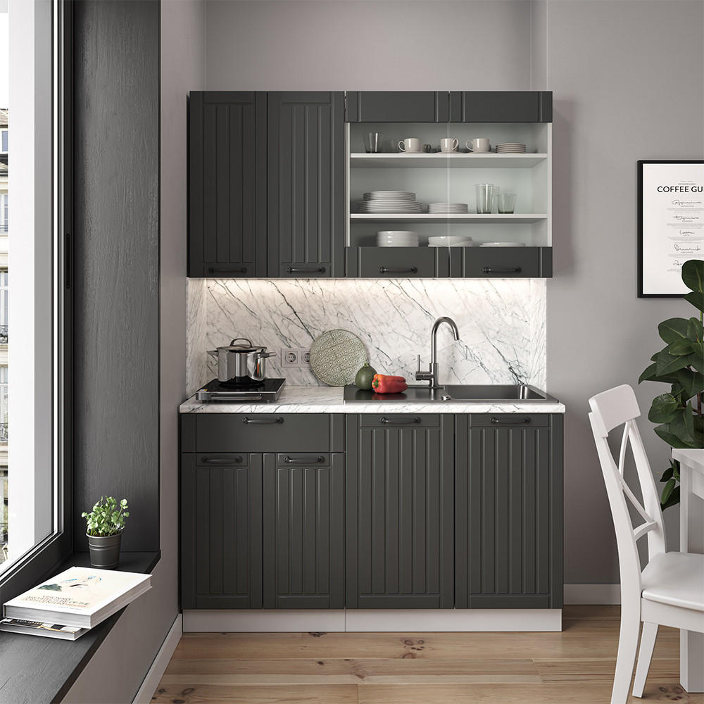 SINGLEKÜCHE Fame-Line Anthrazit Landhaus/Weiß 140 cm, AP Anthrazit - Dunkelgrau/Weiß, Holzwerkstoff (140/81.6/60cm) - Vicco