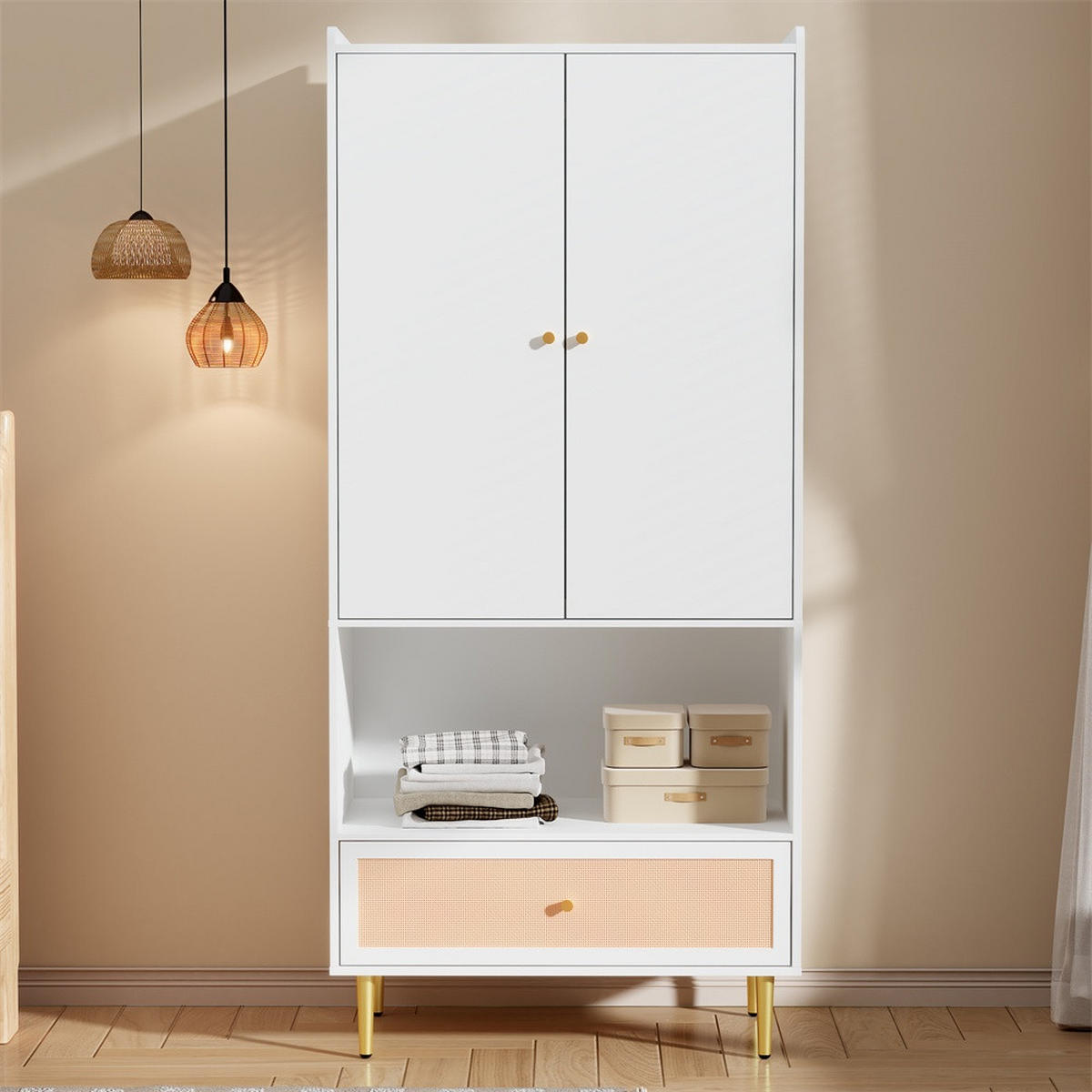 KLEIDERSCHRANK 80x48x175 cm mit goldenen Griffen und Beinen - 2 Türen und 1 Schublade & Offenes Regal - Weiß - Weiß, Holzwerkstoff (80/175/48cm) - DELFA