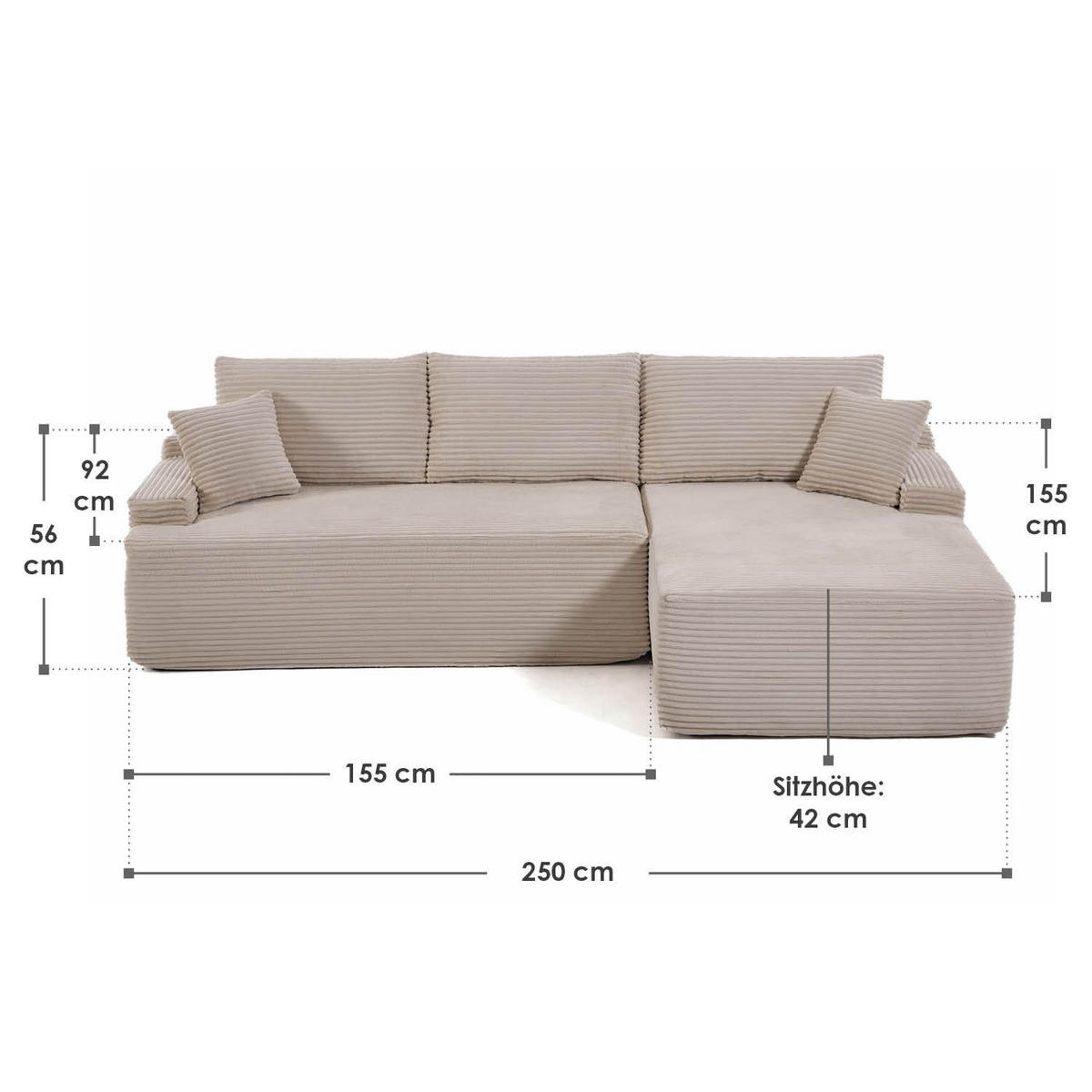 SOFA Coredo taupe Cord - Taupe, Textil (250/155cm) - Juskys