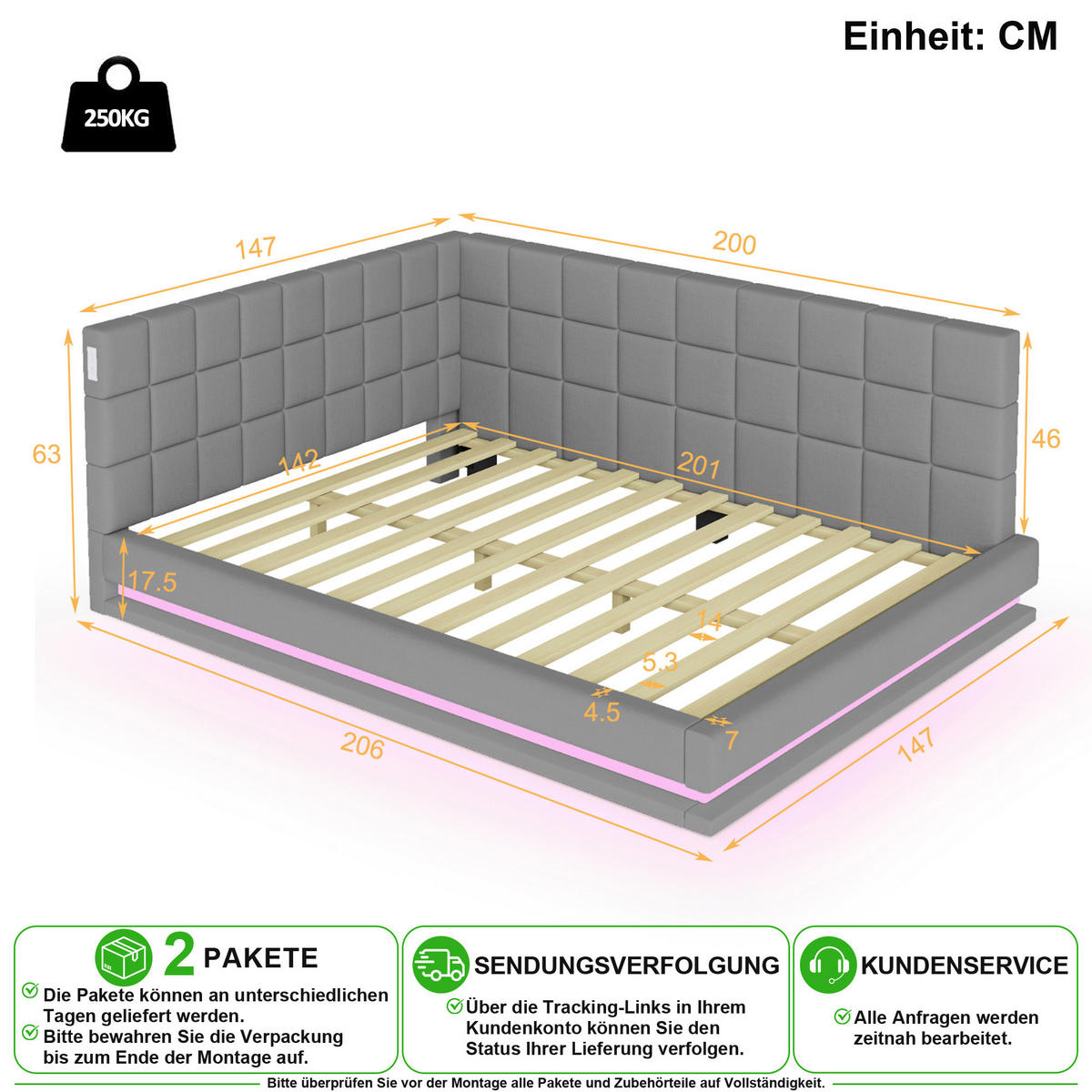 SCHLAFSOFA 140/200 cm in Grau mit LED und USB Stoff - Grau, Holzwerkstoff/Textil (140/200cm) - CHICFURN