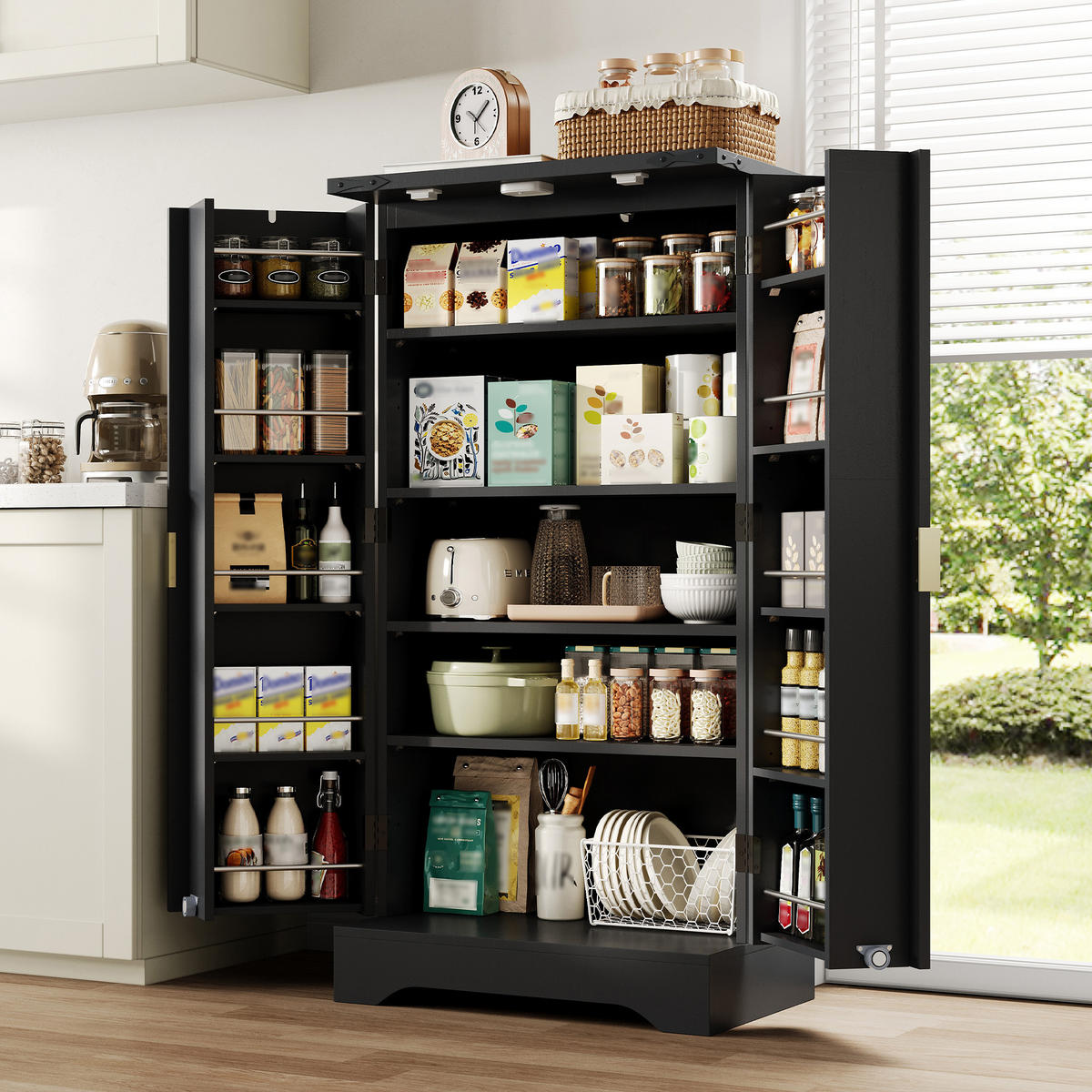 GESCHIRRSCHRANK 60.5/40/120 cm Schwarz mit LED-Sensorlicht und Gewürzregal - Schwarz, Holz (60.5/120/40cm) - Oxeza