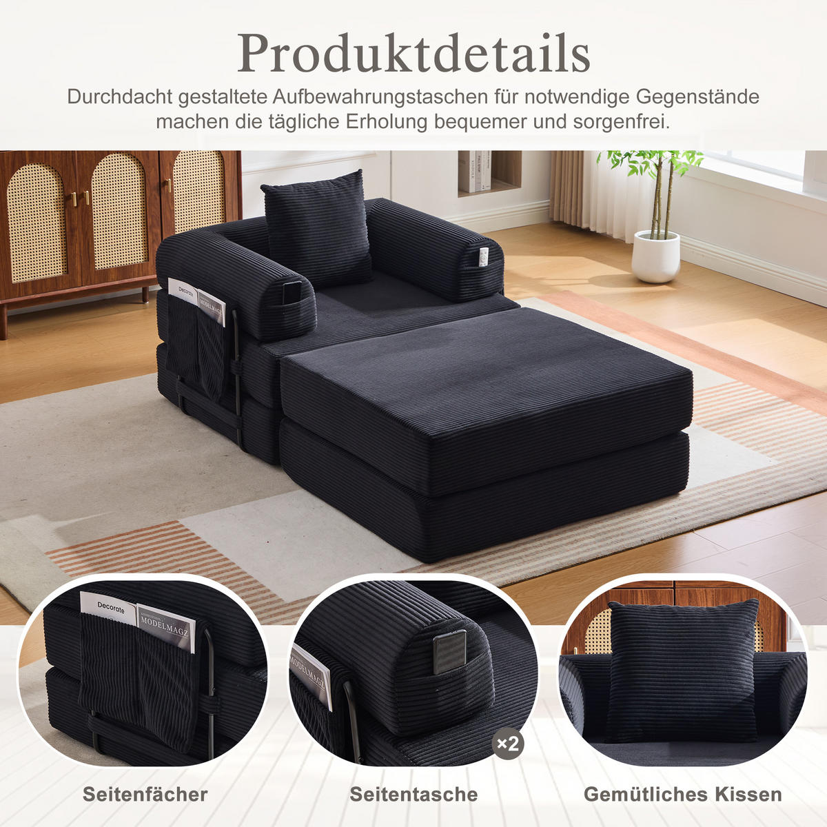 SOFA Cord Schwarz mit Kissen und Hocker - Schwarz, Textil/Metall (112/67/190cm) - WISHDOR