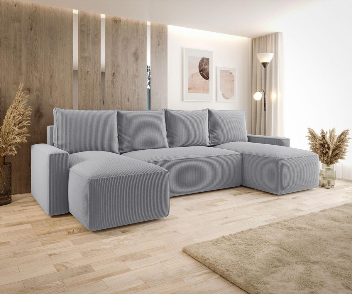 SEDACÍ souprava HAVANA tvar U šedá manšestr Poso 55 - funkce spaní, úložný prostor - šedá, textil (300/75/140cm) - Cornero