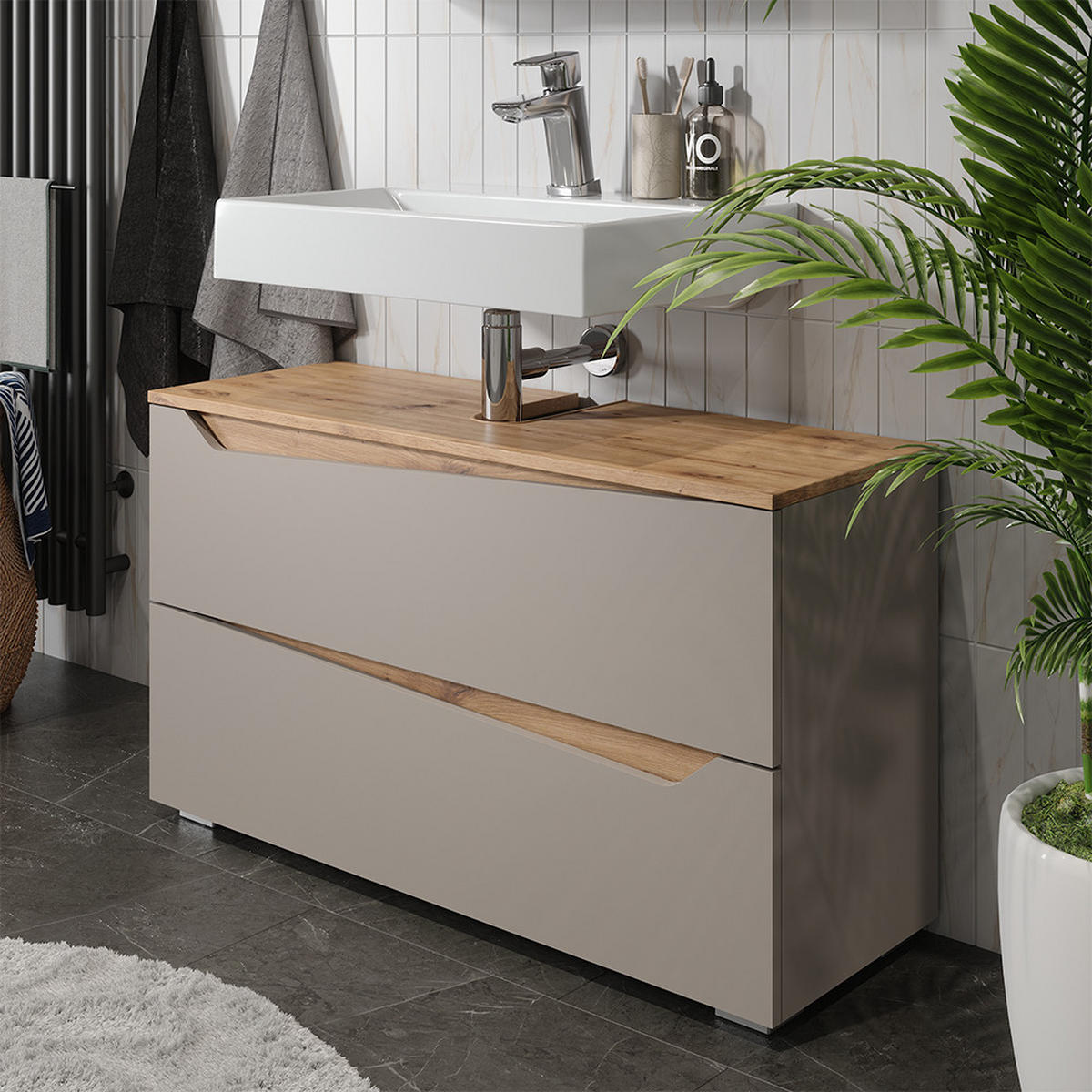 WASCHBECKENUNTERSCHRANK Marelle, Greige/Artisan-Eiche, 100 x 57.5 cm mit 2 Schubladen - Greige/Eiche Artisan, Holzwerkstoff (100/57.5/35cm) - Vicco
