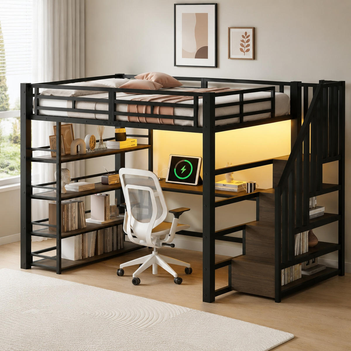 HOCHBETT 140/200 mit Schreibtisch, LED und Stauraumtreppe in Schwarz - Schwarz, Holzwerkstoff/Metall (140/200cm) - EVRYAE