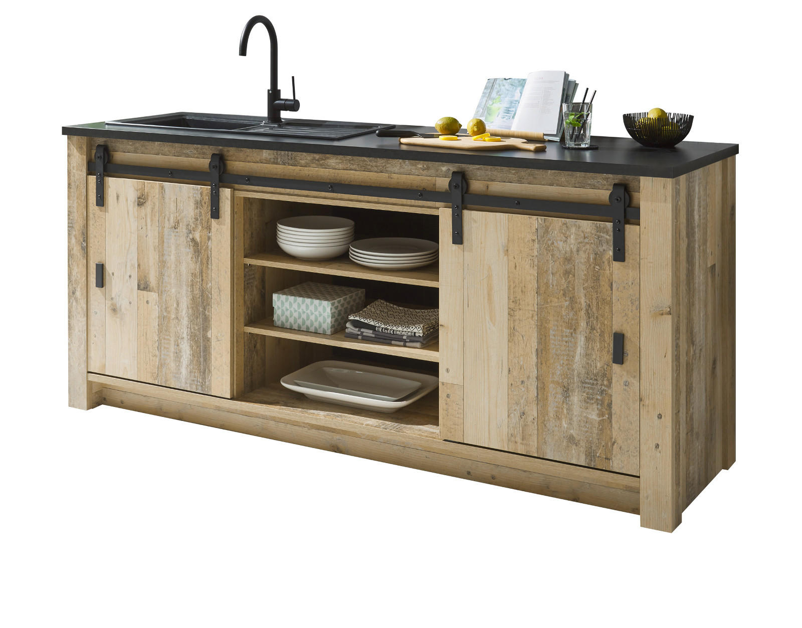 KÜCHENSCHRANK used wood hell, anthrazit 201 cm, Unterschrank für Spüle oder Kochfeld - Anthrazit/Schwarz, Holzwerkstoff/Metall (201/93/64cm) - Furn.Design