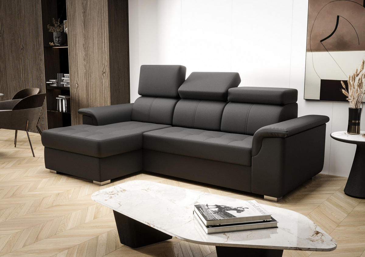 ECKSOFA KONGO RBN06, Eckcouch in L-Form mit Schlaffunktion, Farbe: Schwarz, Kunstleder, Ottomane Links - Schwarz, Textil (247/165cm) - O-Sofa