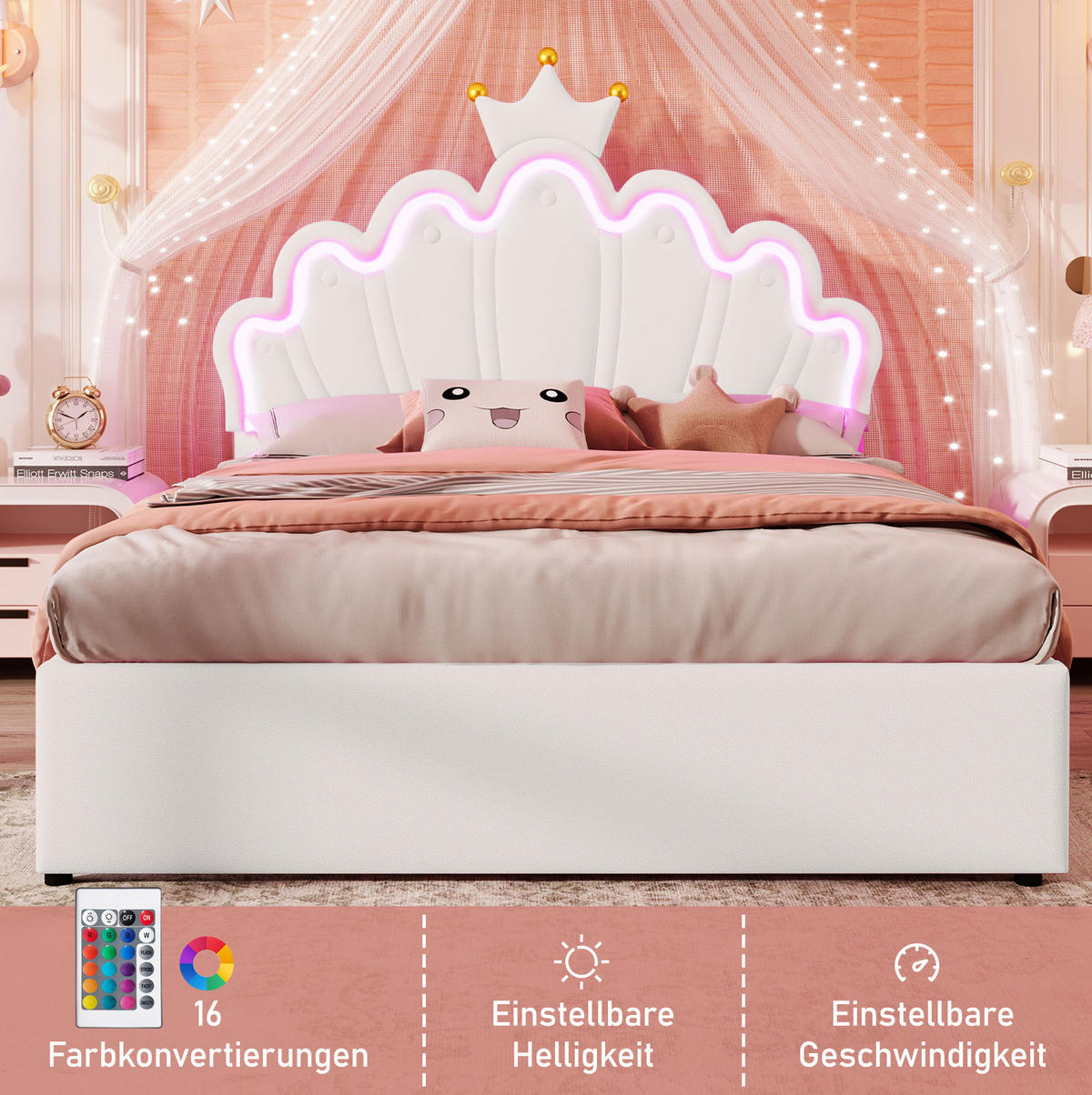 KINDERBETT 140/200 cm in Weiß aus PU mit 2 Schubladen und LED-Beleuchtung - Weiß, Leder (140/200cm) - Flora Grace