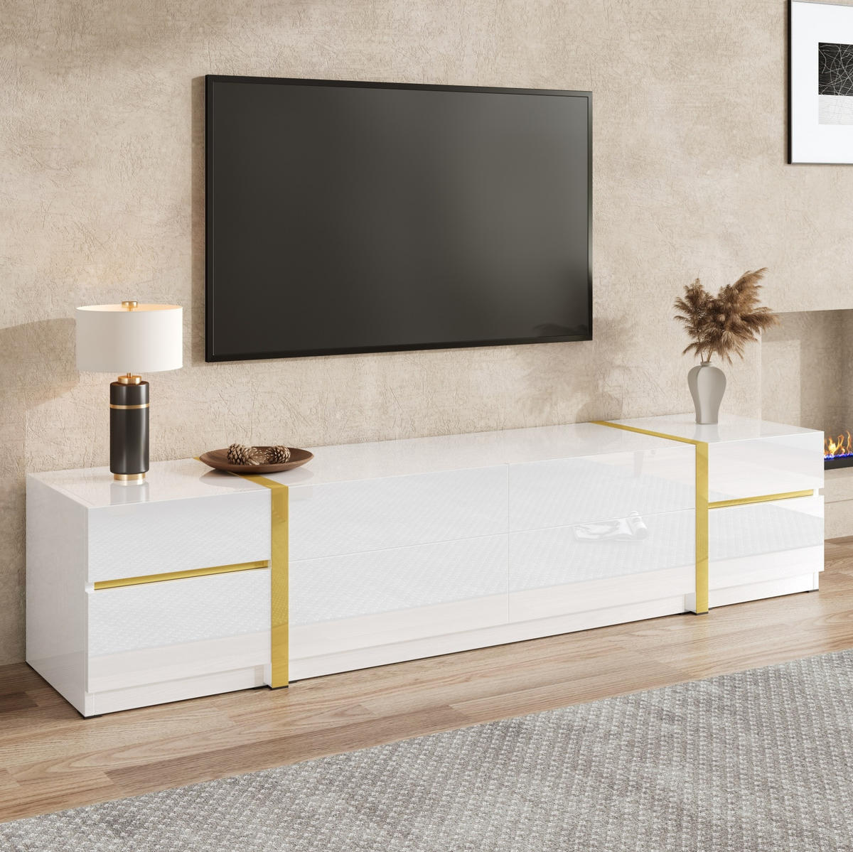 TV-SCHRANK aus MDF und Spanplatte 180x40x38 cm Weiß mit 4 Schubladen und 2 Türen, Hochglanzdesign - Weiß, Holzwerkstoff (180/38/40cm) - Modfu