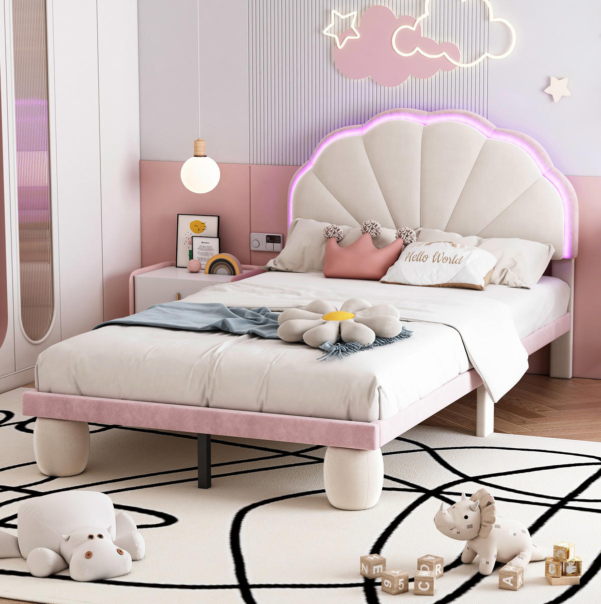 POLSTERBETT 90/200 cm Beige/Rosa aus Samt mit LED-Lichtstreifen - Weiß, Textil (90/200cm) - OKMYHOME