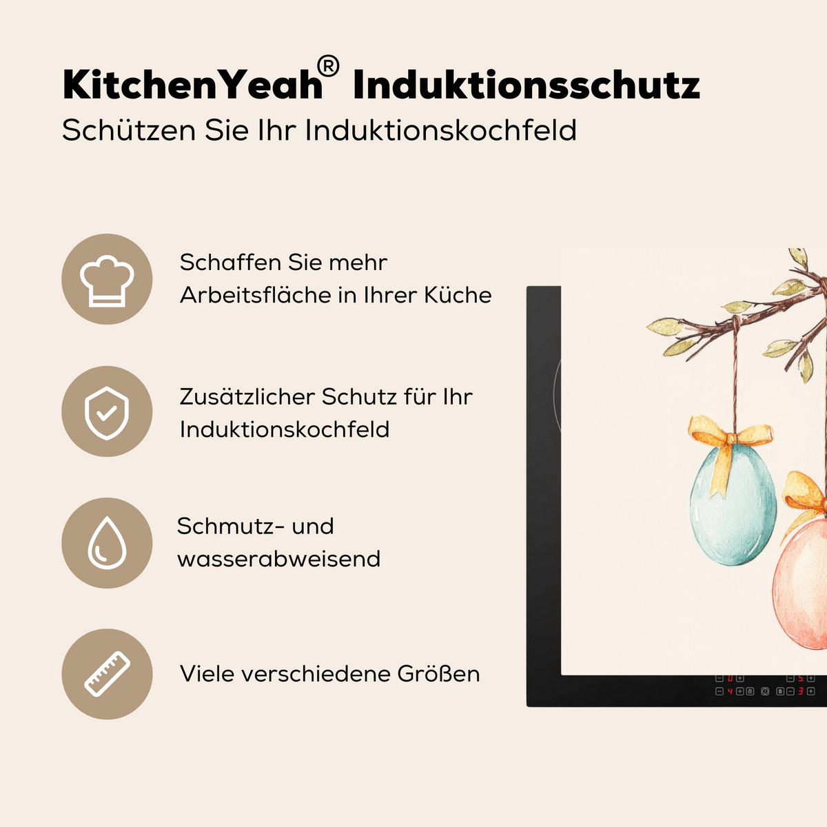 HERDABDECKPLATTE Osterkuchen - Schleife - Eier Herdabdeckung Induktionsfeld 65x52 cm - Creme, Kunststoff (65/52/0.2cm) - MuchoWow