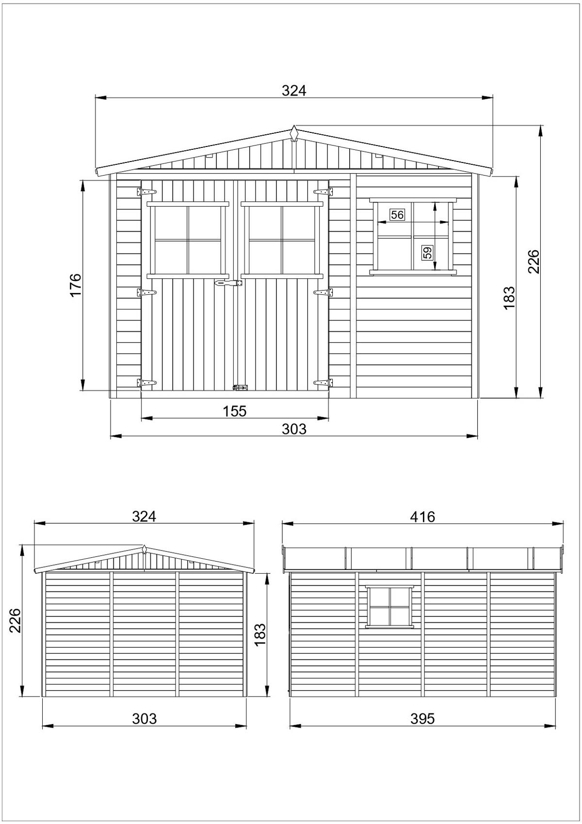 HOLZ-GARTHENHAUS MIT IMPRÄGNIERTEM BODEN - H226x418x320 cm/12 m² - M336+336G - Beige, Holz (324/232/395cm) - Timbela