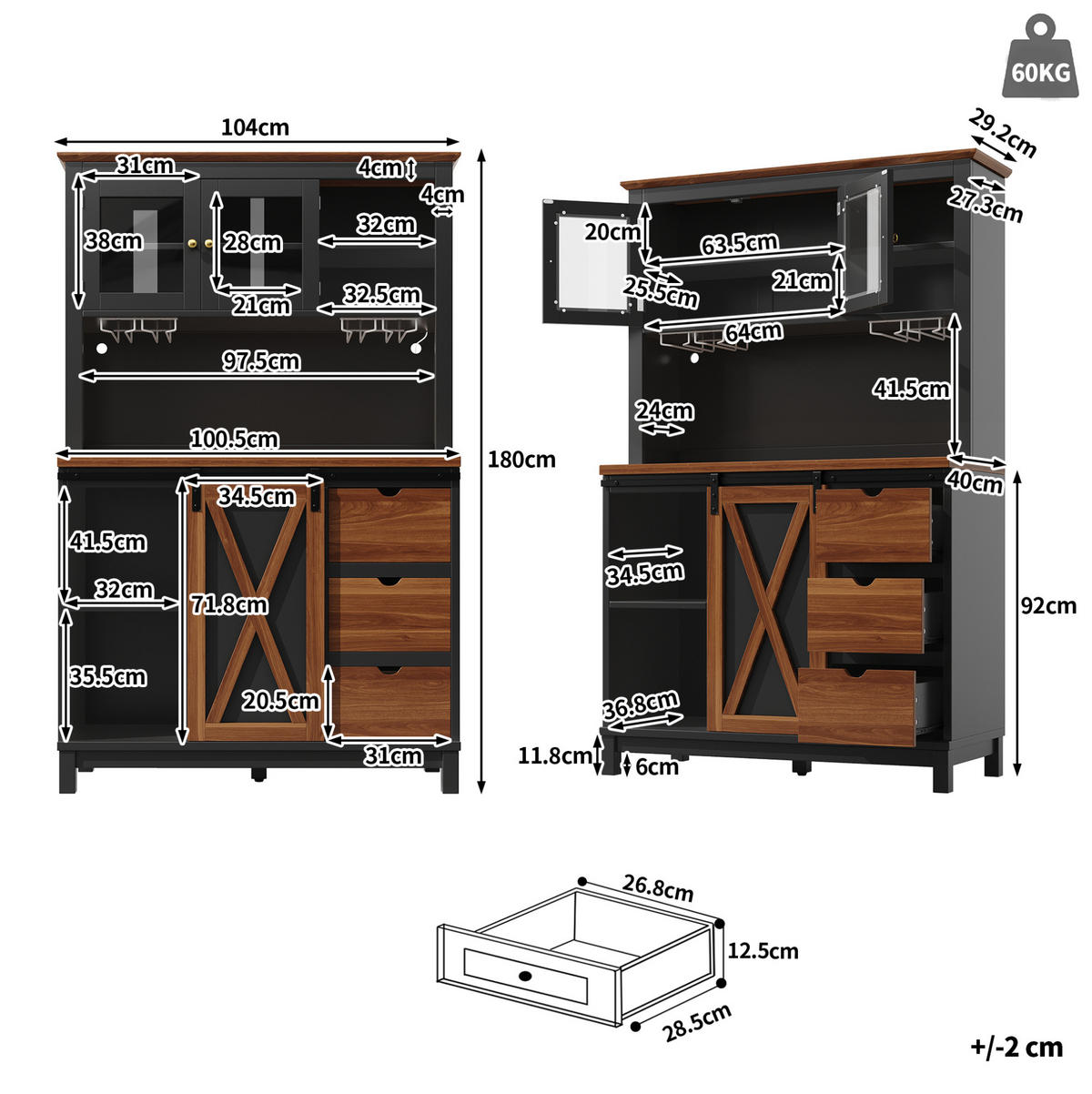HOCHSCHRANK 104/40/180 cm mit LED-Beleuchtung, Schiebetür und verstellbaren Einlegeböden, Glasfront aus MDF/Metall, Schwarz - Schwarz, Glas (104/180/40cm) - Redom