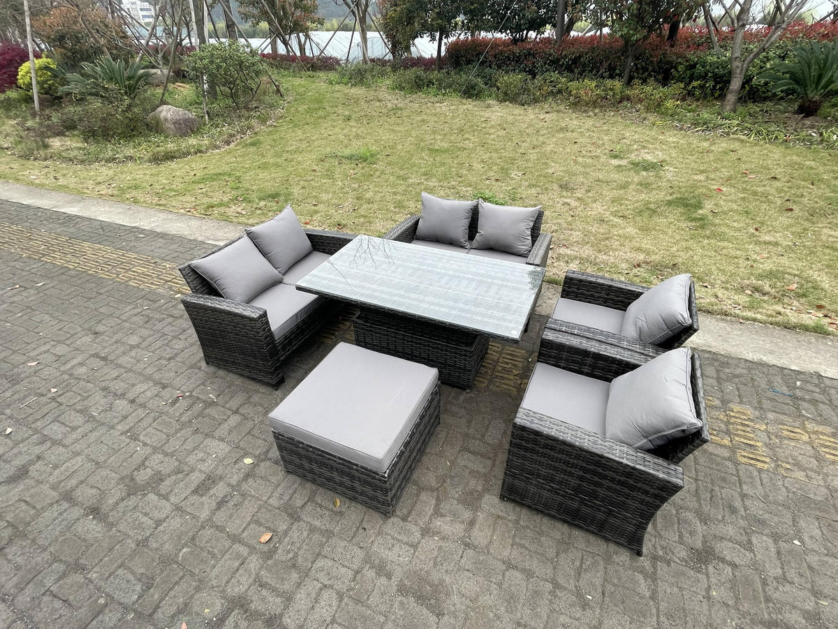 GARTENMÖBEL-SET HÖHENVERSTELLBARER ESSTISCH SESSEL SOFA MIT HOCKER Polyrattan Dunkelgrau Gemischt 7-Sitzer - Dunkelgrau, Metall - Fimous