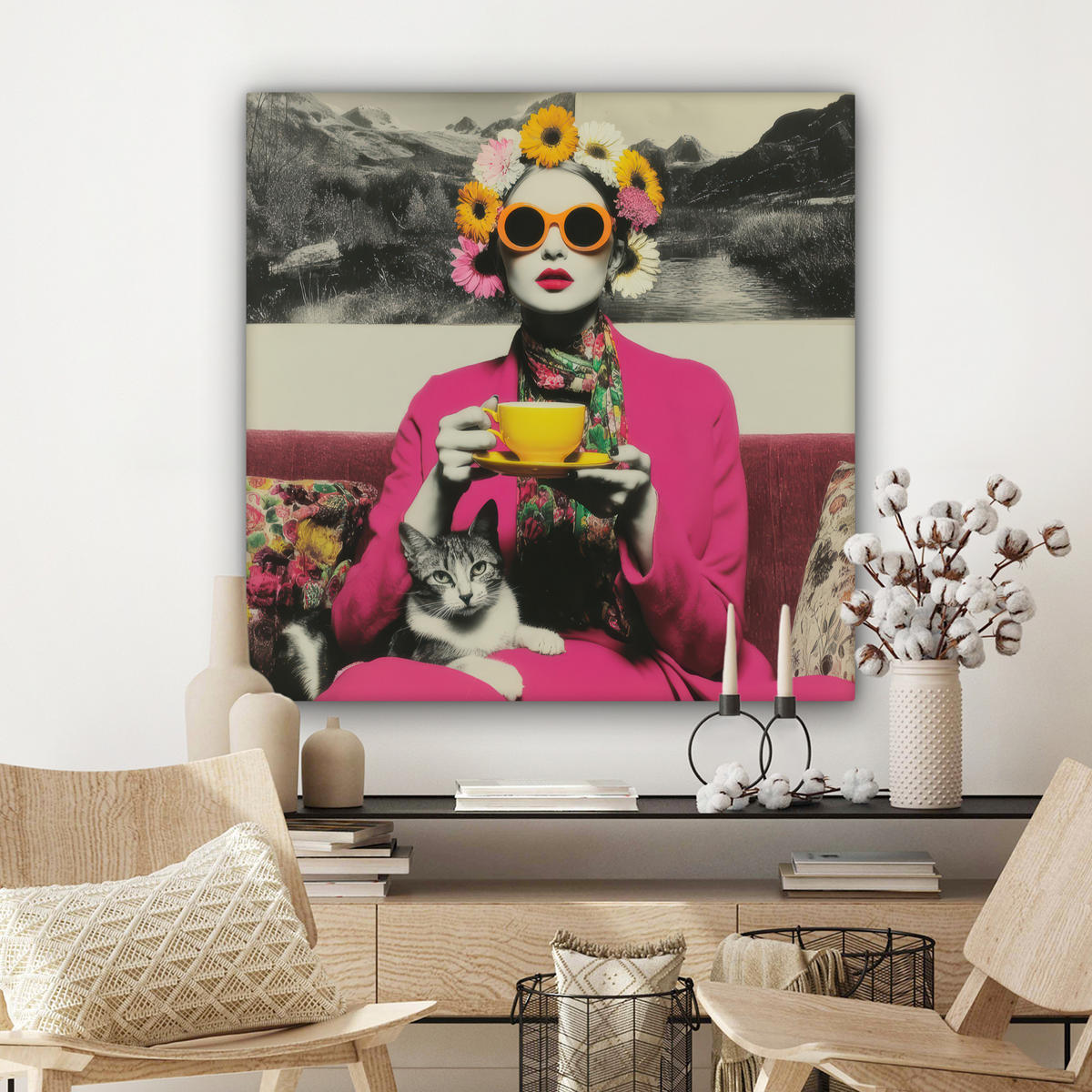 LEINWANDBILD Frau - Katze - Blumen - Tasse - Retro Deko Groß 90x90 cm - Magenta, Textil (90/90cm) - MuchoWow