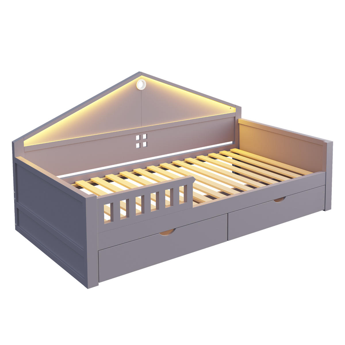 KINDERBETT 90/200 cm grau aus Massivholz und MDF mit LED-Lichtleiste und Schubladen - Grau, Holz (90/200cm) - OKWISH