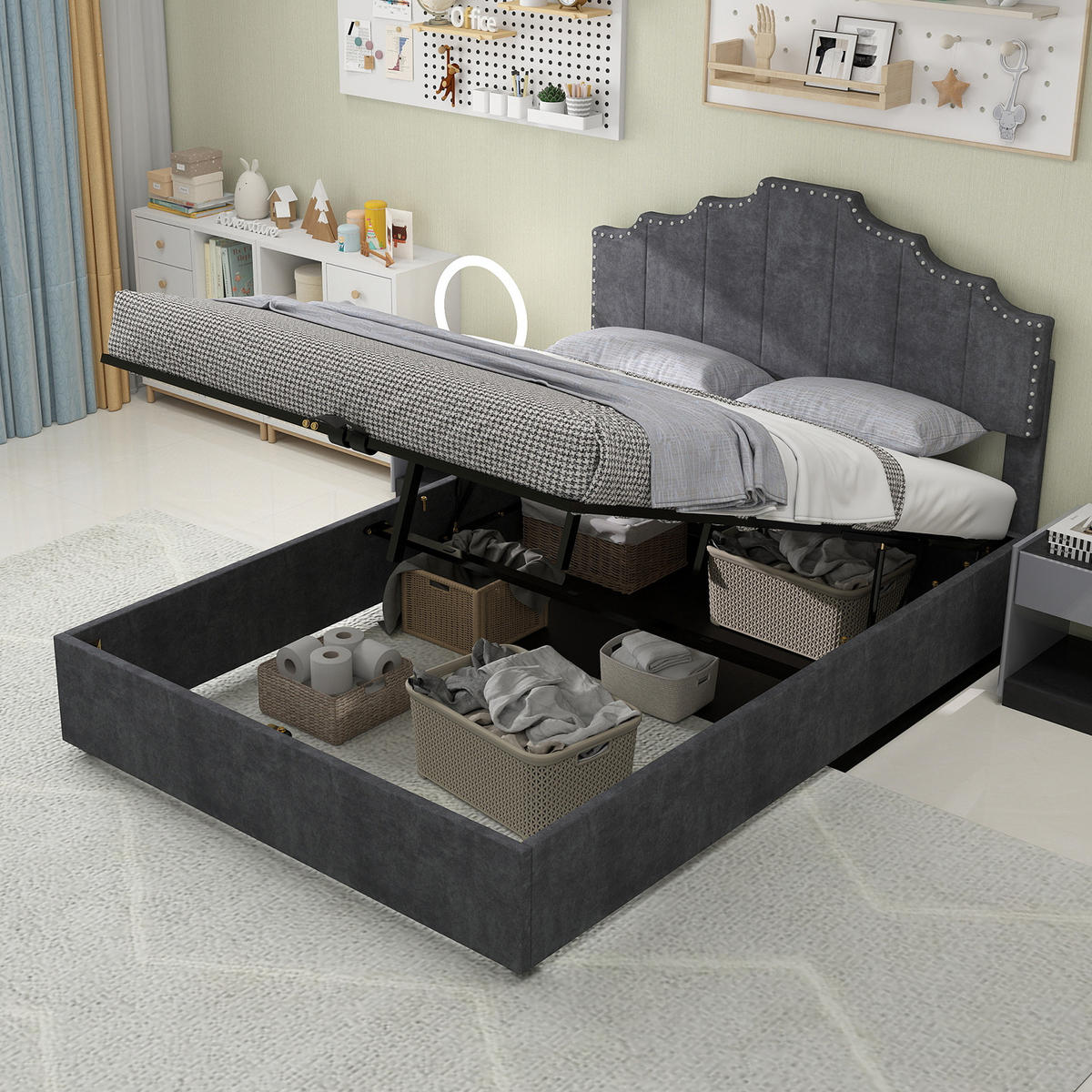POLSTERBETT 160x200 cm Samt Stauraum hydraulisch grau - Grau, Textil (160/200cm) - LEBENLANG