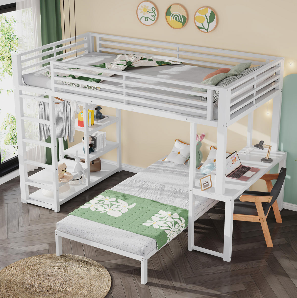 HOCHBETT Metall & MDF 90x200 cm Weiß mit Schreibtisch, Regalen und Kleideraufbewahrung - Weiß, Holzwerkstoff (90/200cm) - Modfu