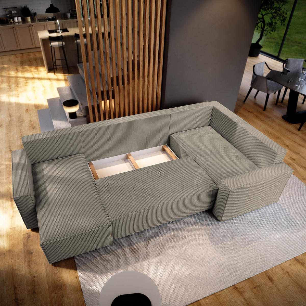 WOHNLANDSCHAFT NORENA R-S Beige Kordstoff mit Schlaffunktion - Beige, Holz (295/85/157.5cm) - MASSENO