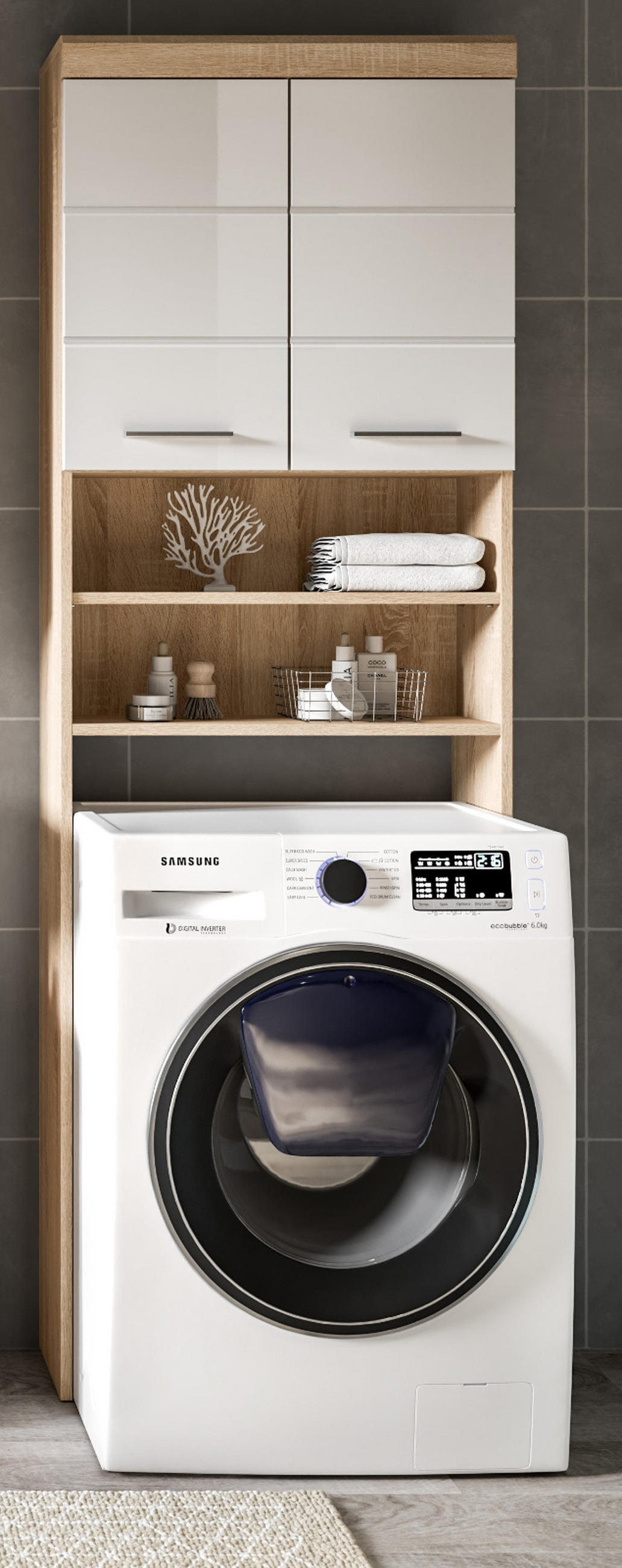 WASCHMASCHINENSCHRANK weiß Hochglanz, Eiche 63 cm, Überbau mit 6 Fächern - Weiß Hochglanz/Eichefarben, Holzwerkstoff/Kunststoff (63/191/24cm) - Inn.Furn