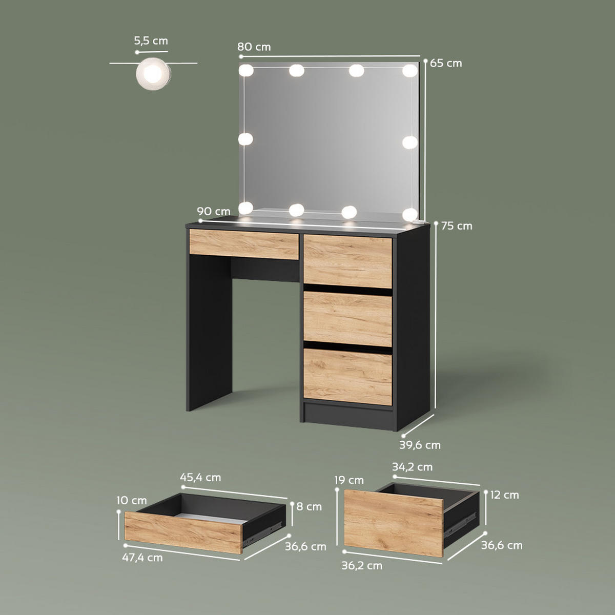 SCHMINKTISCH Imola Anthrazit/Goldkraft Eiche 120 cm mit LED Beleuchtung - Anthrazit/Eiche Wotan, Holzwerkstoff (120/75/55cm) - Livinity®