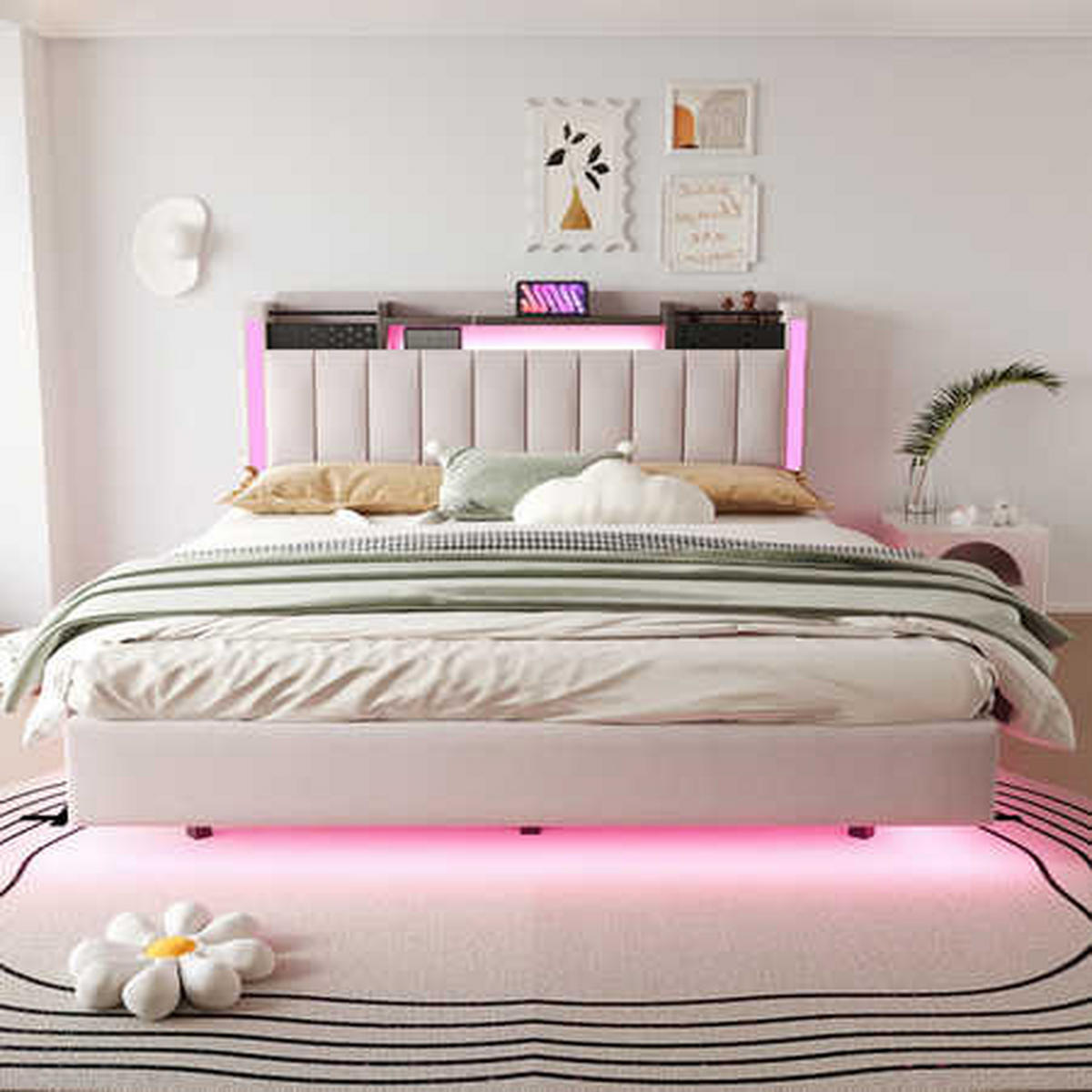 POLSTERBETT 160x200 Beige Leinen LED Stauraum - Beige, Textil (160/200cm) - FLIEKS