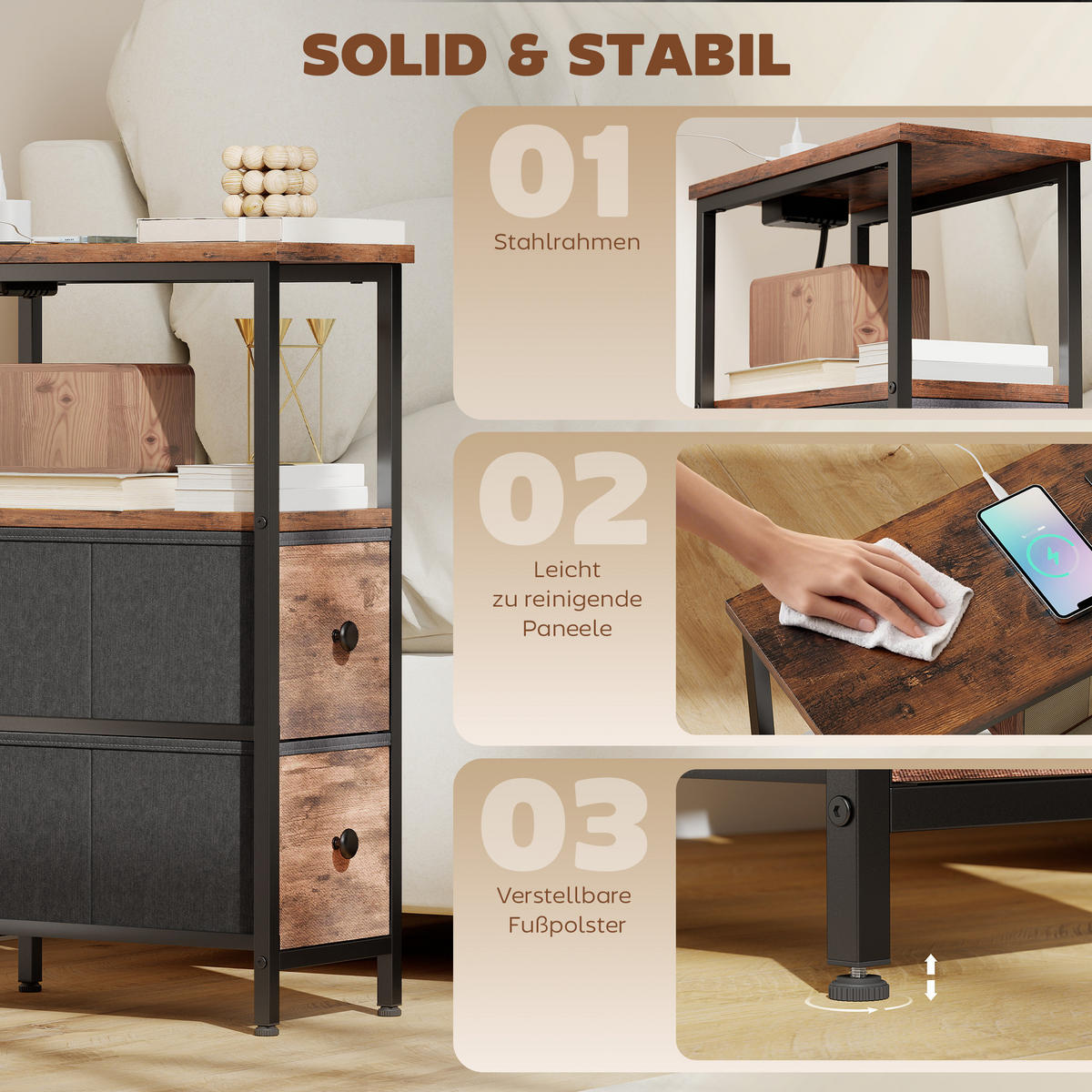 BEISTELLTISCH DE-08771 mit Ladestation & 2 Schubladen Rustikal-Braun - Braun, Metall (40/20/63cm) - ComfortXL