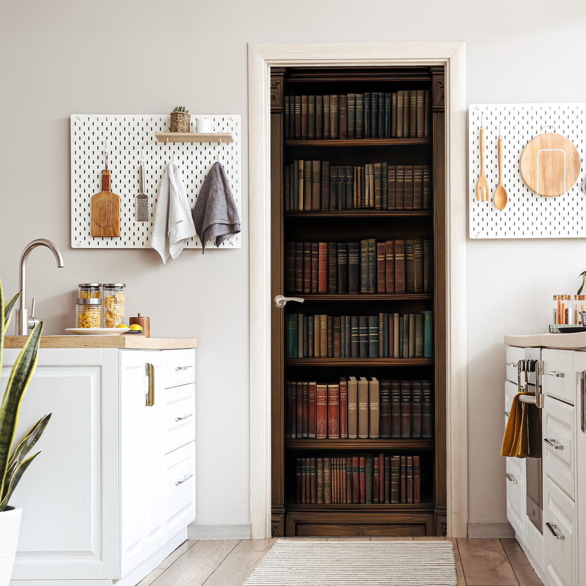 TÜRAUFKLEBER Bücherregal - Vintage - Braun 85x215 cm - Türtapete - Nussbaumfarben, Kunststoff (85/0.1cm) - MuchoWow