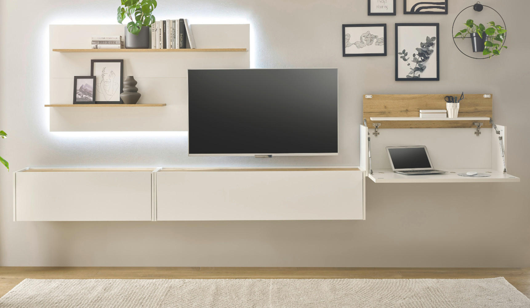 WOHNWAND weiß, Eiche Wotan 350 cm, Schrankwand mit Sekretär - Eiche Wotan/Weiß, Holzwerkstoff/Metall (350/180/30cm) - Furn.Design