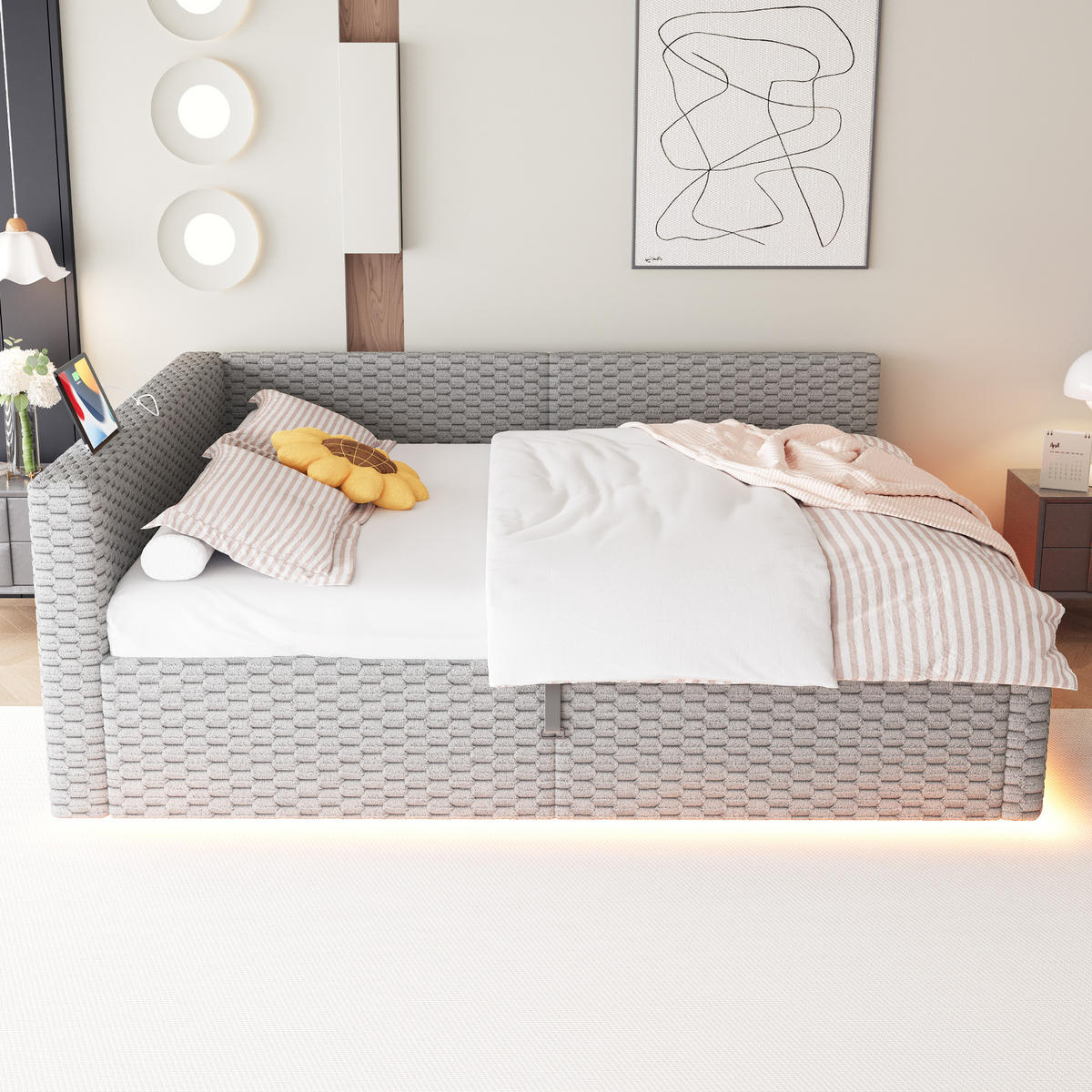 POLSTERBETT 140/200 cm Grau mit LED-Beleuchtung, USB-C-Anschluss und 2 USB-Anschlüssen - Grau, Textil (140/200cm) - Oxeza