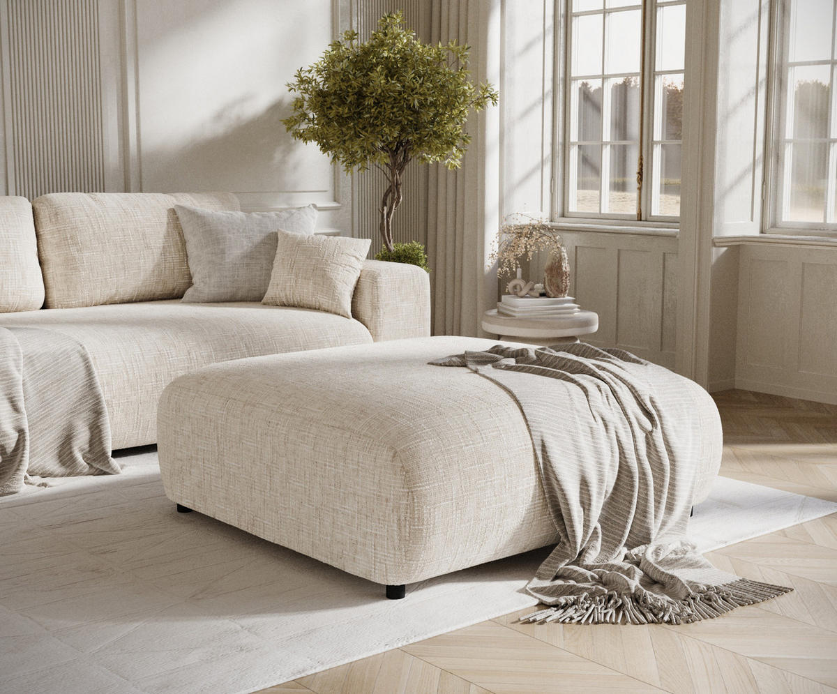 POUF L Zanzibar Creme Webstoff - Creme/Schwarz, Holz/Holzwerkstoff (110/37/110cm) - Maison de Reve