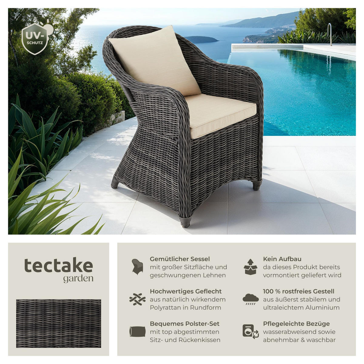 RATTANSESSEL ,71 x 60 x 84 cm,grau - Grau, Kunststoff (60/84/71cm) - tectake