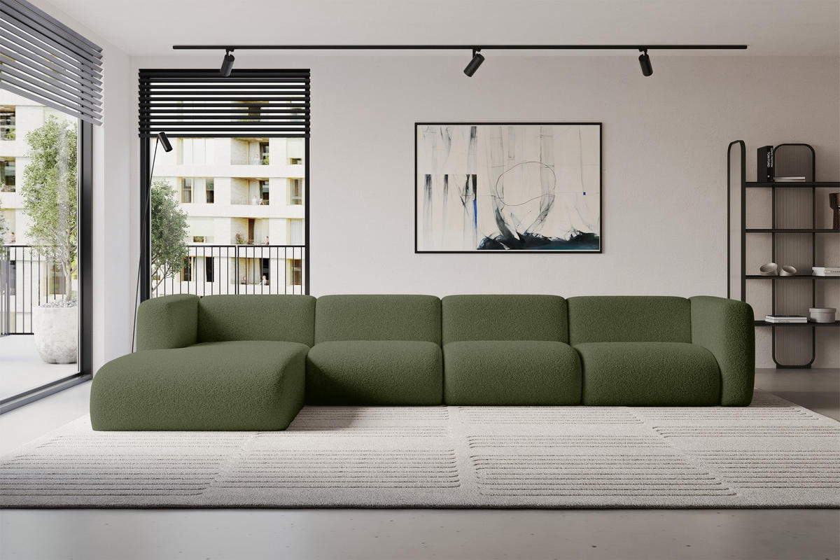 ECKSOFA Ottomane Links MIRA-L3 409x179x70 Grün Bouclé - Schwarz/Olivgrün, Holzwerkstoff/Kunststoff (409/179cm) - ALTDECOR
