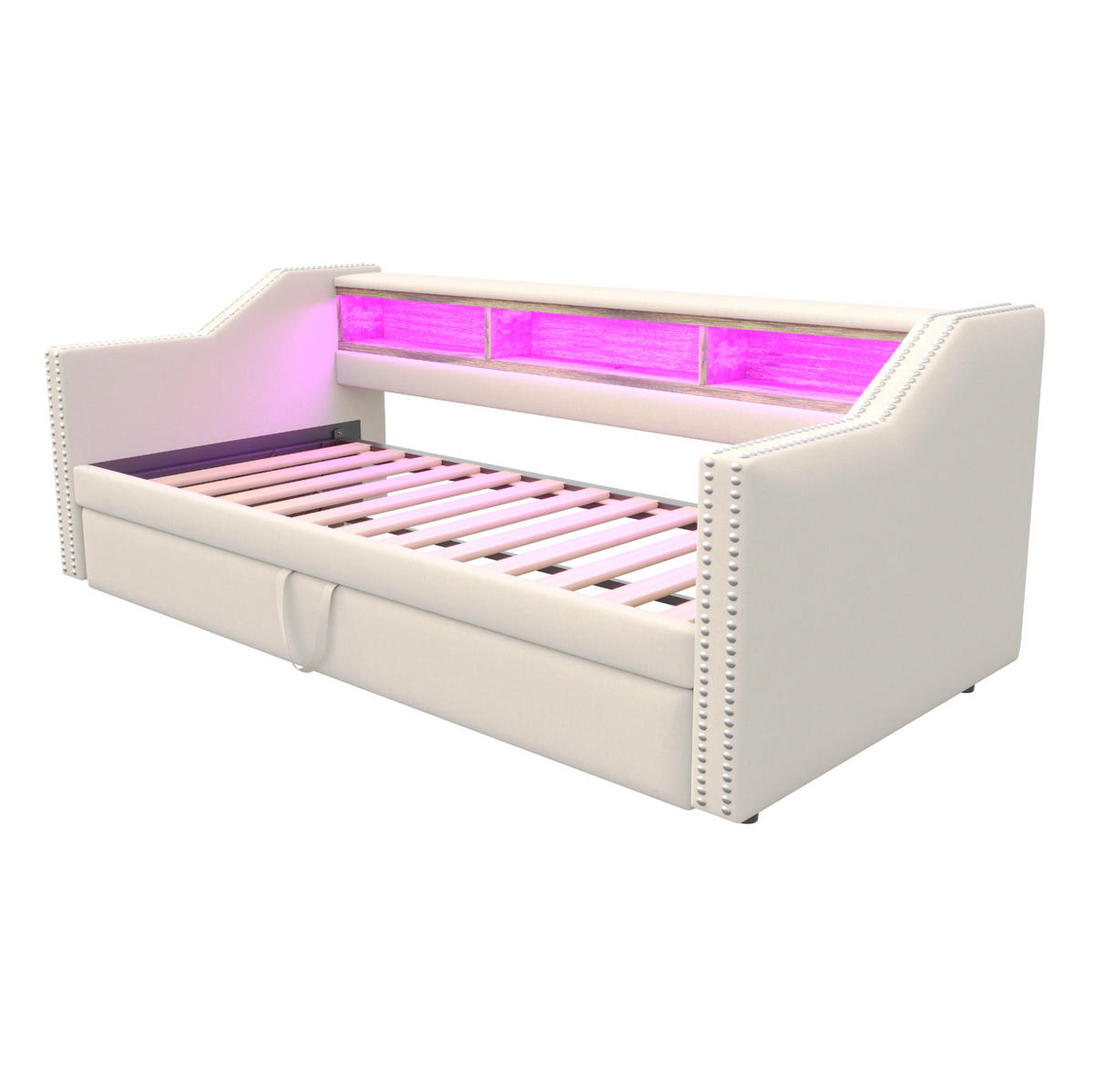 ČALOUNĚNÁ rozkládací postel 90/180 x 190 cm béžová z lnu s LED osvětlením a USB - béžová, textil (90/190cm) - OKWISH