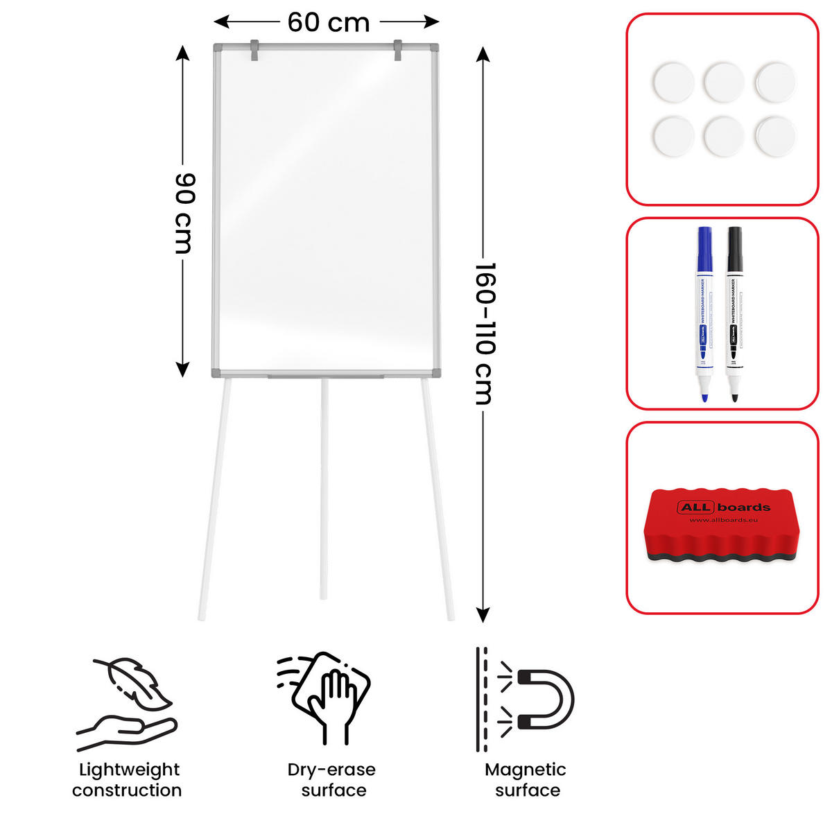 MAGNETISCHES Whiteboard-Flipchart 90x60 cm, Silber - Silberfarben, Metall (100/70/1.2cm) - ALLboards