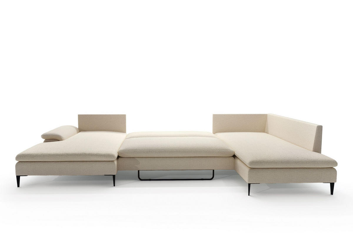 WOHNLANDSCHAFT BREZZA Beige Plüsch-Stoff mit Schlaffunktion - Beige, Holz (350/87/205cm) - MASSENO