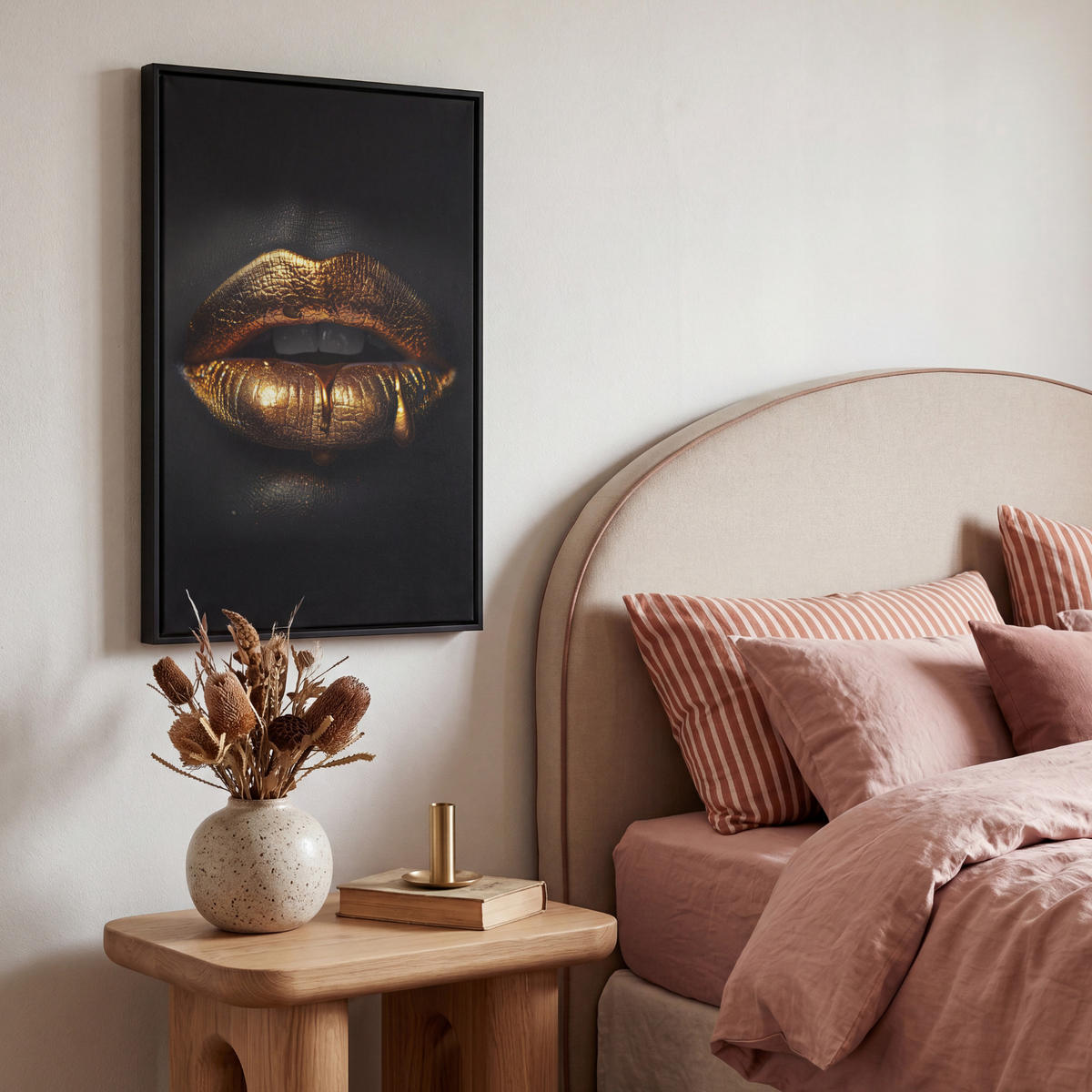 LEINWAND Bilder mit Rahmen - Frau - Porträt - Lippen - Gold - Schwarz - 40x60 - Schwarz, Textil (40/60cm) - MuchoWow
