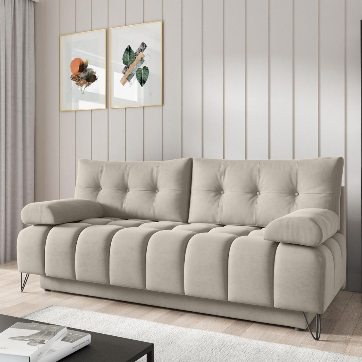 SCHLAFSOFA Bergen im Veloursstoff, Beige - Beige/Schwarz, Textil (197/93/100cm) - Beautysofa